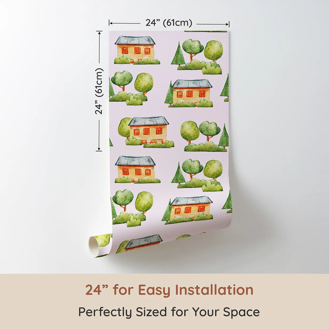 Dimension view of Whimsy Tots Cottage Garden Village Wallpaper in Pink (W3286B). Printed in 24-inch-wide panel for easy installation. Watercolor homes bloom gently among trees on a soft pink sky.