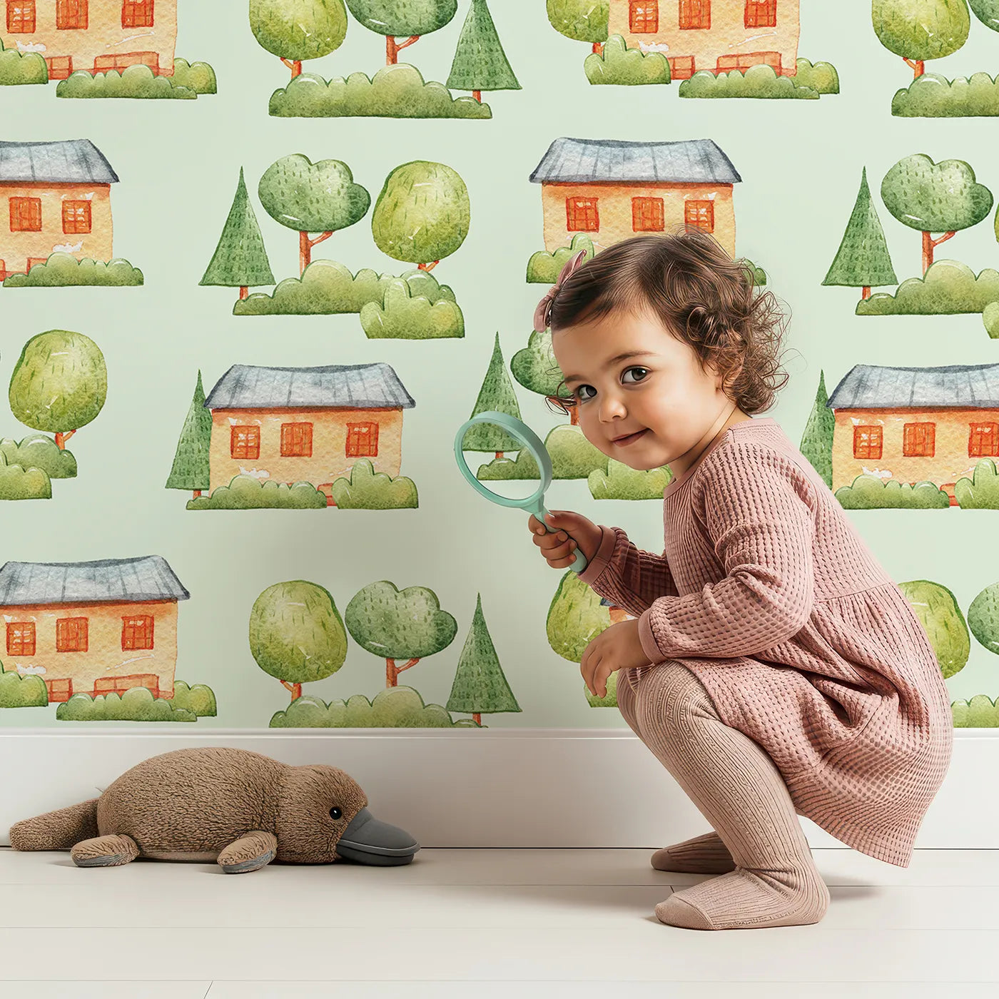 Lovely child standing in front of Whimsy Tots Cottage Garden Village Wallpaper in Mint Green with tree, bush, house in design.