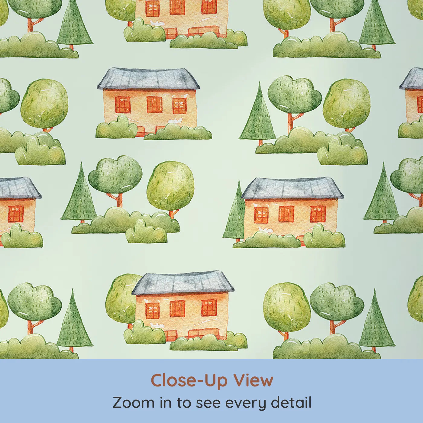 Close-up view of Whimsy Tots' Cottage Garden Village Wallpaper in Mint Green (W3286D).Cottages bloom among trees on a fresh minty green backdrop.