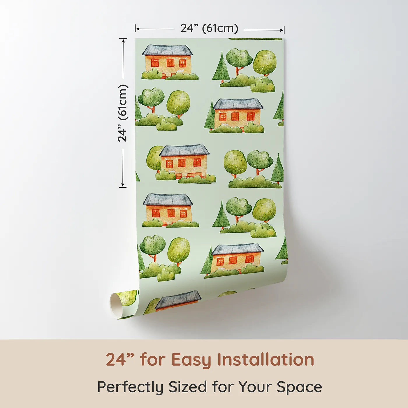 Dimension view of Whimsy Tots Cottage Garden Village Wallpaper in Mint Green (W3286D). Printed in 24-inch-wide panel for easy installation. Cottages bloom among trees on a fresh minty green backdrop.