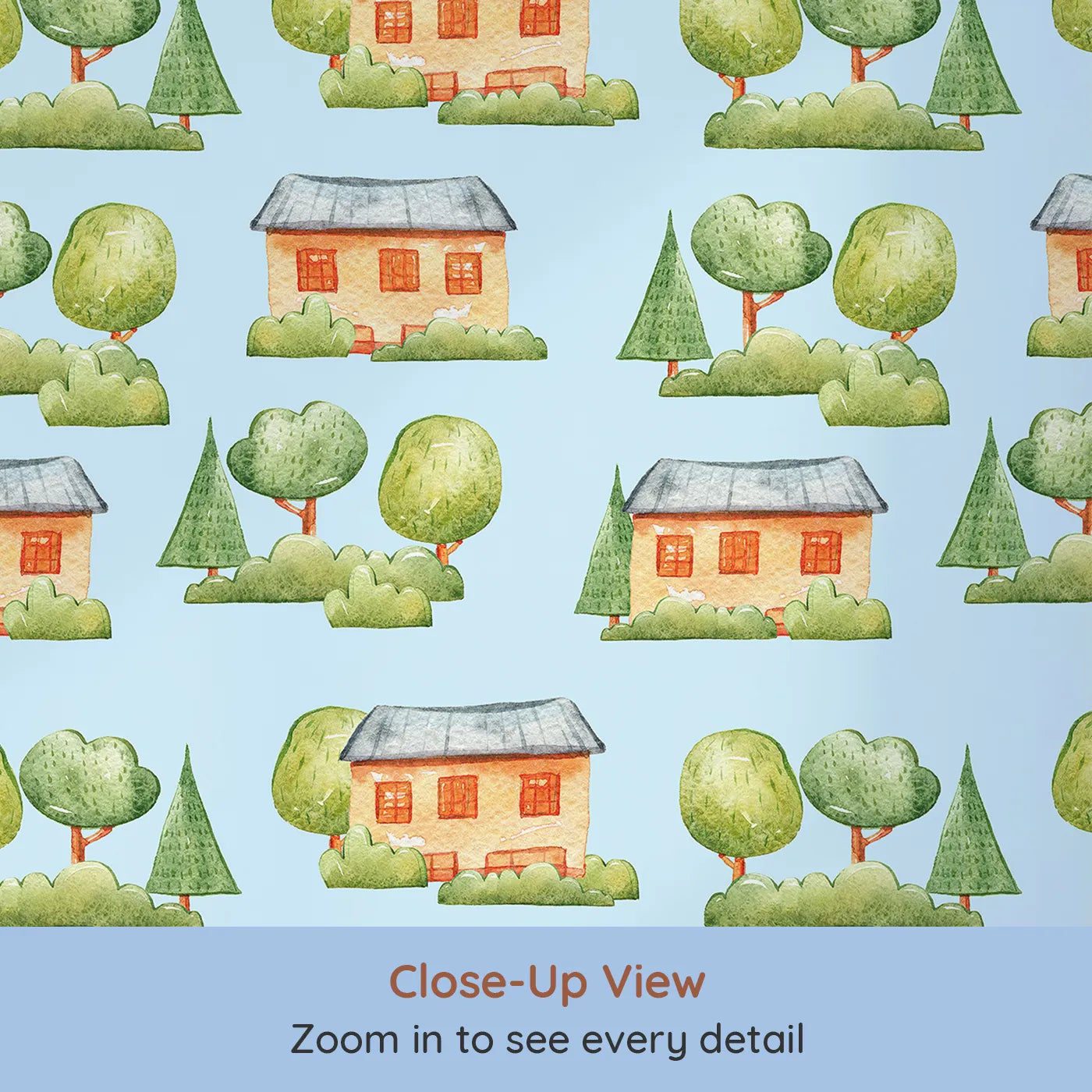 Close-up view of Whimsy Tots' Cottage Garden Village Wallpaper in Blue (W3286E).Charming cottages peek through trees on a calm blue sky.