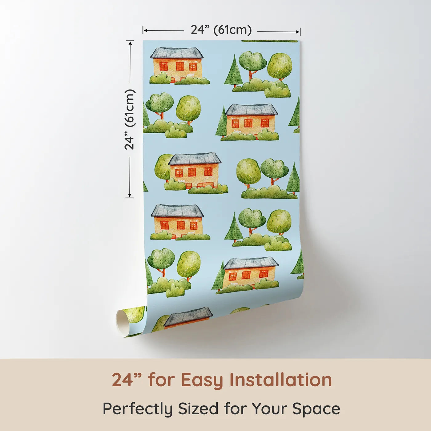 Dimension view of Whimsy Tots Cottage Garden Village Wallpaper in Blue (W3286E). Printed in 24-inch-wide panel for easy installation. Charming cottages peek through trees on a calm blue sky.