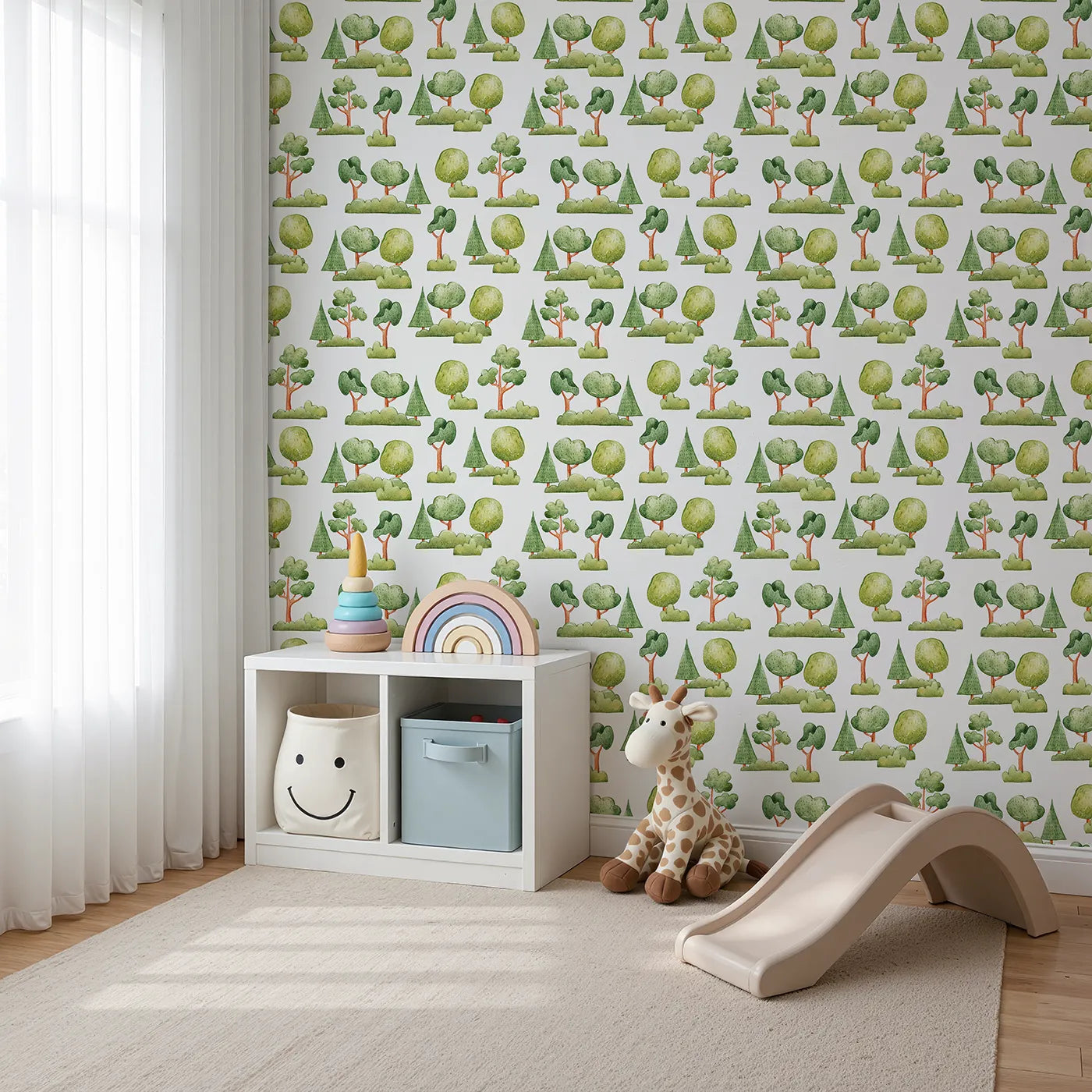 Angled view of Whimsy Tots' Forest Meadow Grove Wallpaper in White (W3287A).Hand-painted trees and soft green shrubs turn walls into a peaceful woodland.
