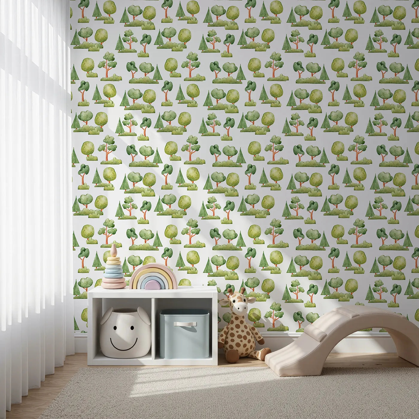 Front view of Whimsy Tots' Forest Meadow Grove Wallpaper in White