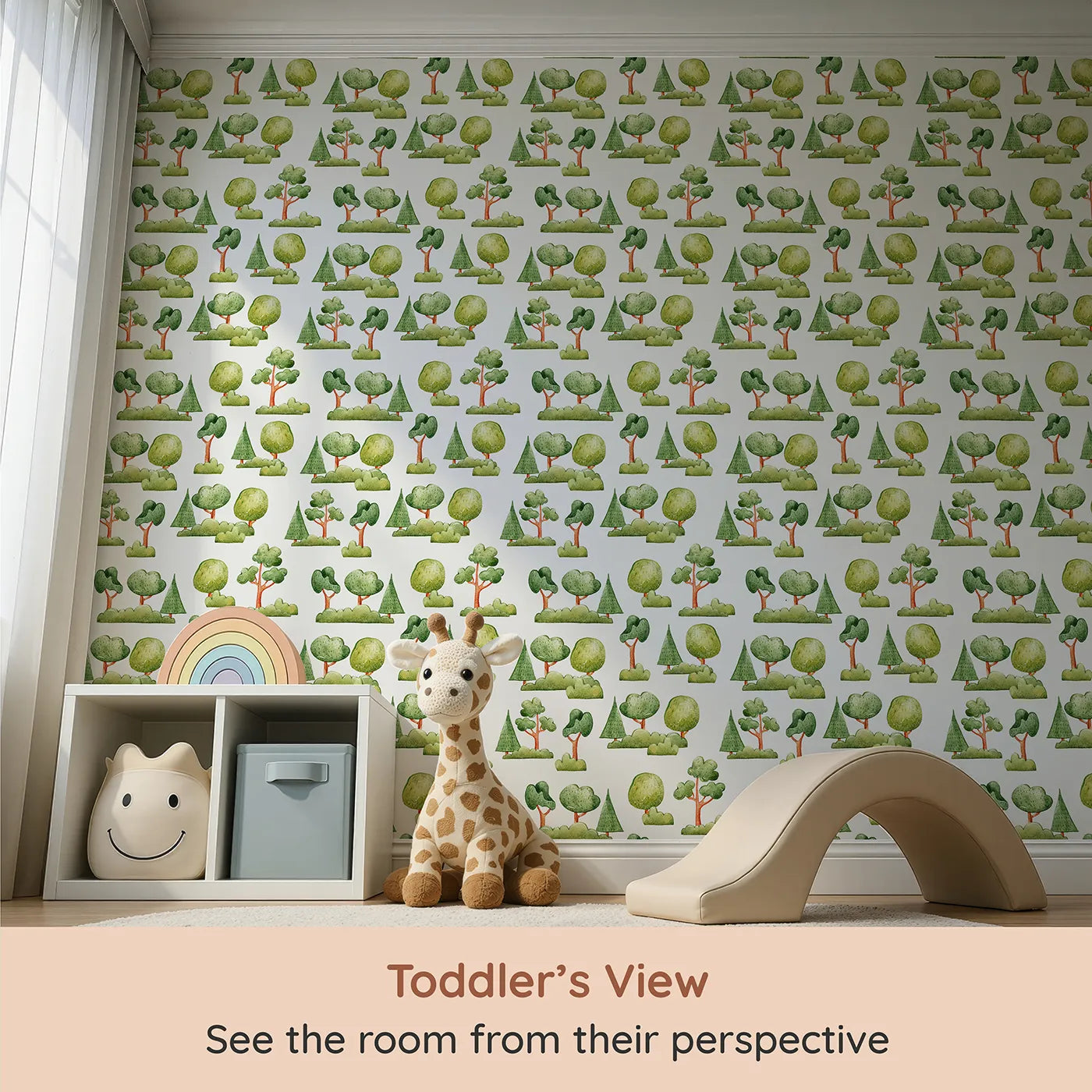 Whimsy Tots Forest Meadow Grove Wallpaper in White (W3287A) from your child's view.Hand-painted trees and soft green shrubs turn walls into a peaceful woodland.