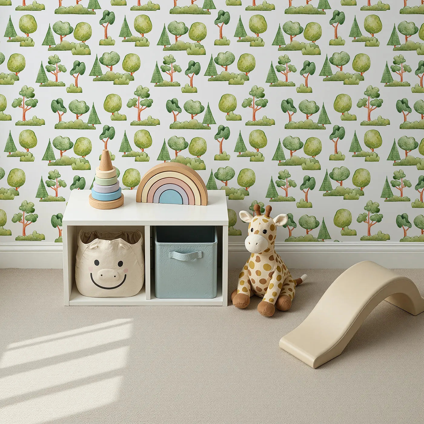 Top-Down view of Whimsy Tots' Forest Meadow Grove Wallpaper in White (W3287A).Hand-painted trees and soft green shrubs turn walls into a peaceful woodland.