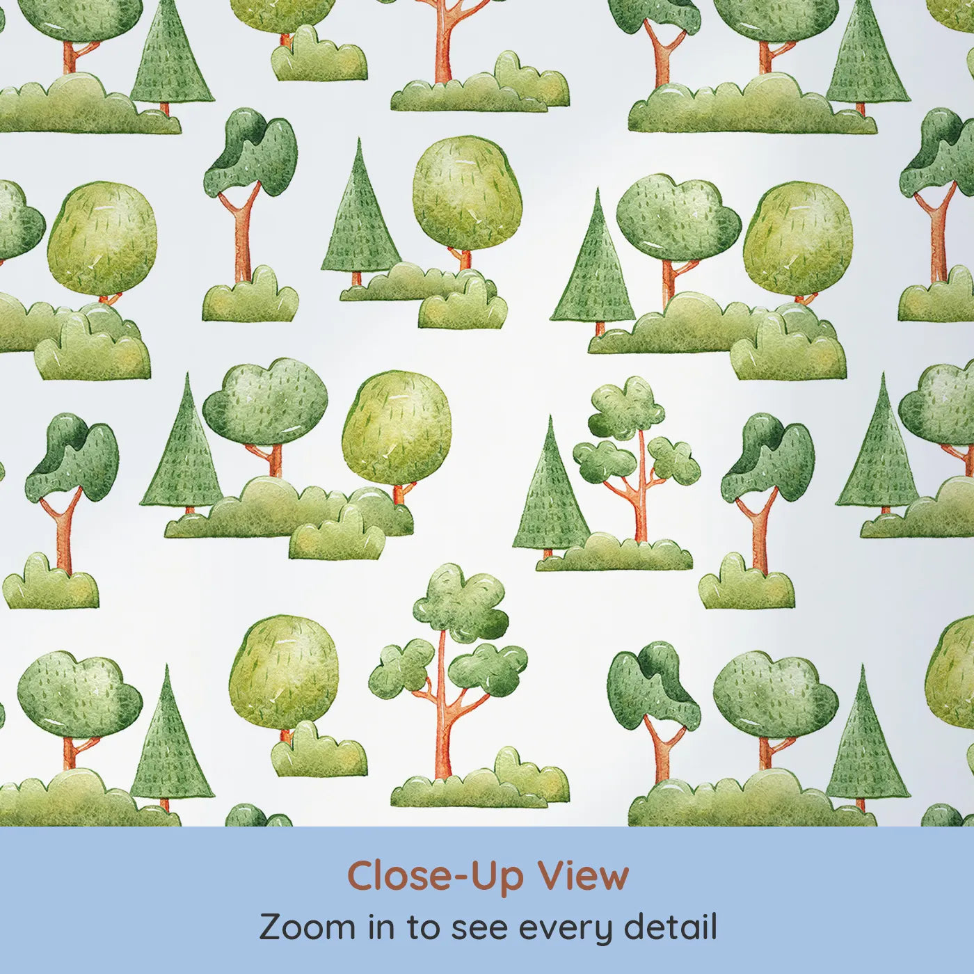 Close-up view of Whimsy Tots' Forest Meadow Grove Wallpaper in White (W3287A).Hand-painted trees and soft green shrubs turn walls into a peaceful woodland.