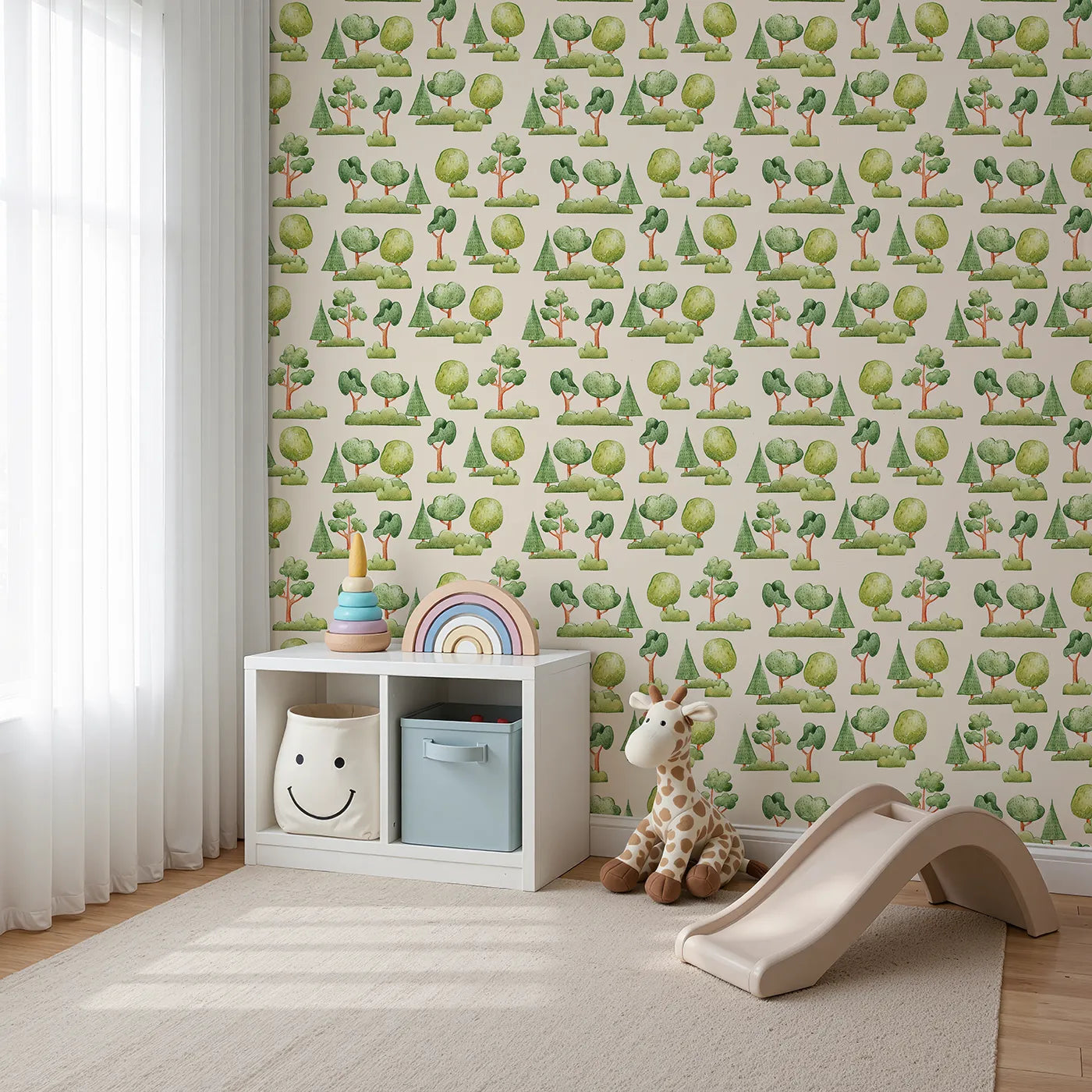 Angled view of Whimsy Tots' Forest Meadow Grove Wallpaper in Cream (W3287C).Watercolor trees rest gently on a soft cream background.