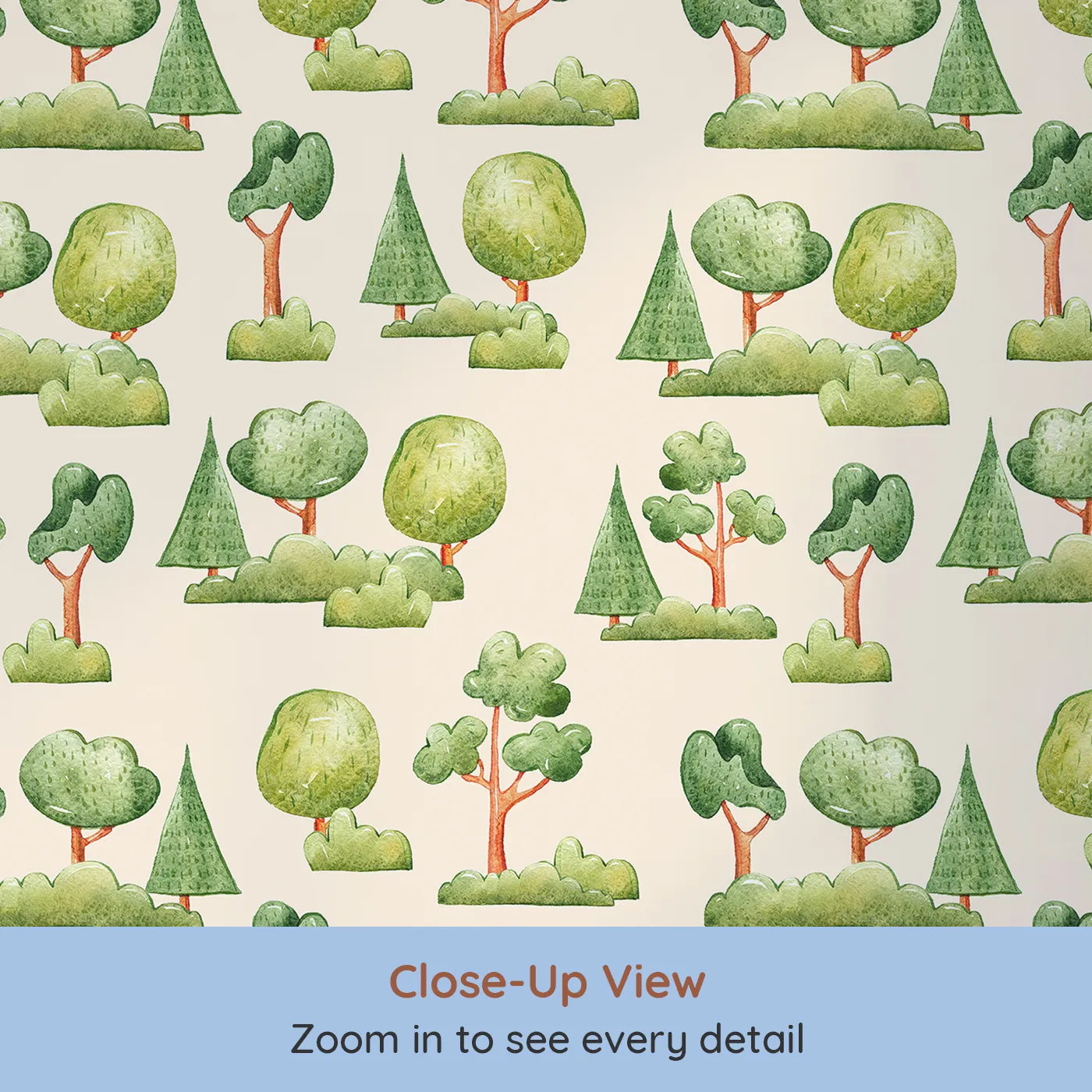 Close-up view of Whimsy Tots' Forest Meadow Grove Wallpaper in Cream (W3287C).Watercolor trees rest gently on a soft cream background.