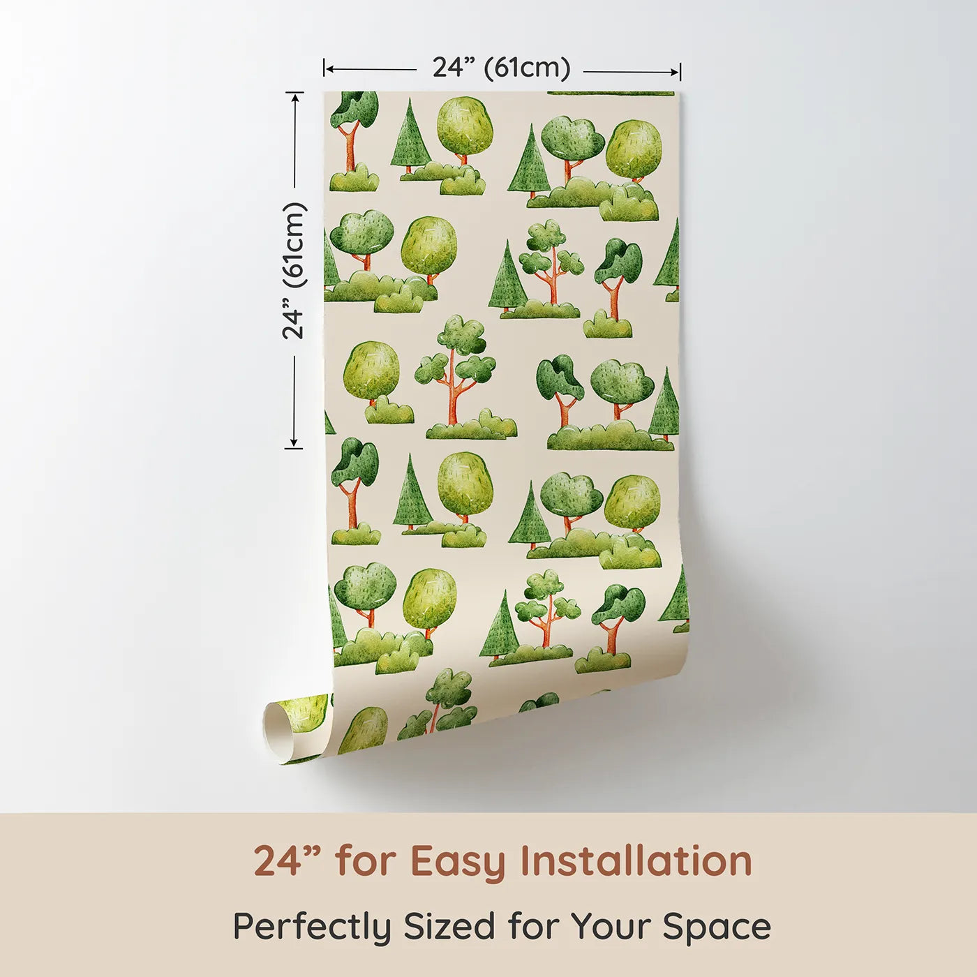 Dimension view of Whimsy Tots Forest Meadow Grove Wallpaper in Cream (W3287C). Printed in 24-inch-wide panel for easy installation. Watercolor trees rest gently on a soft cream background.