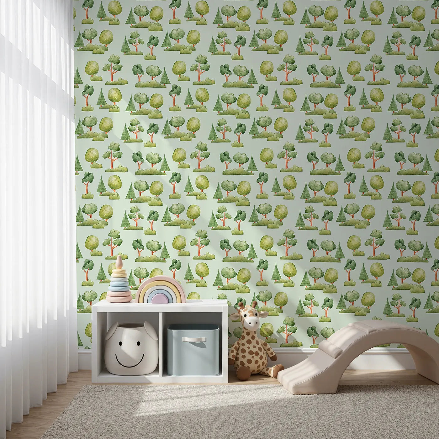 Front view of Whimsy Tots' Forest Meadow Grove Wallpaper in Mint Green