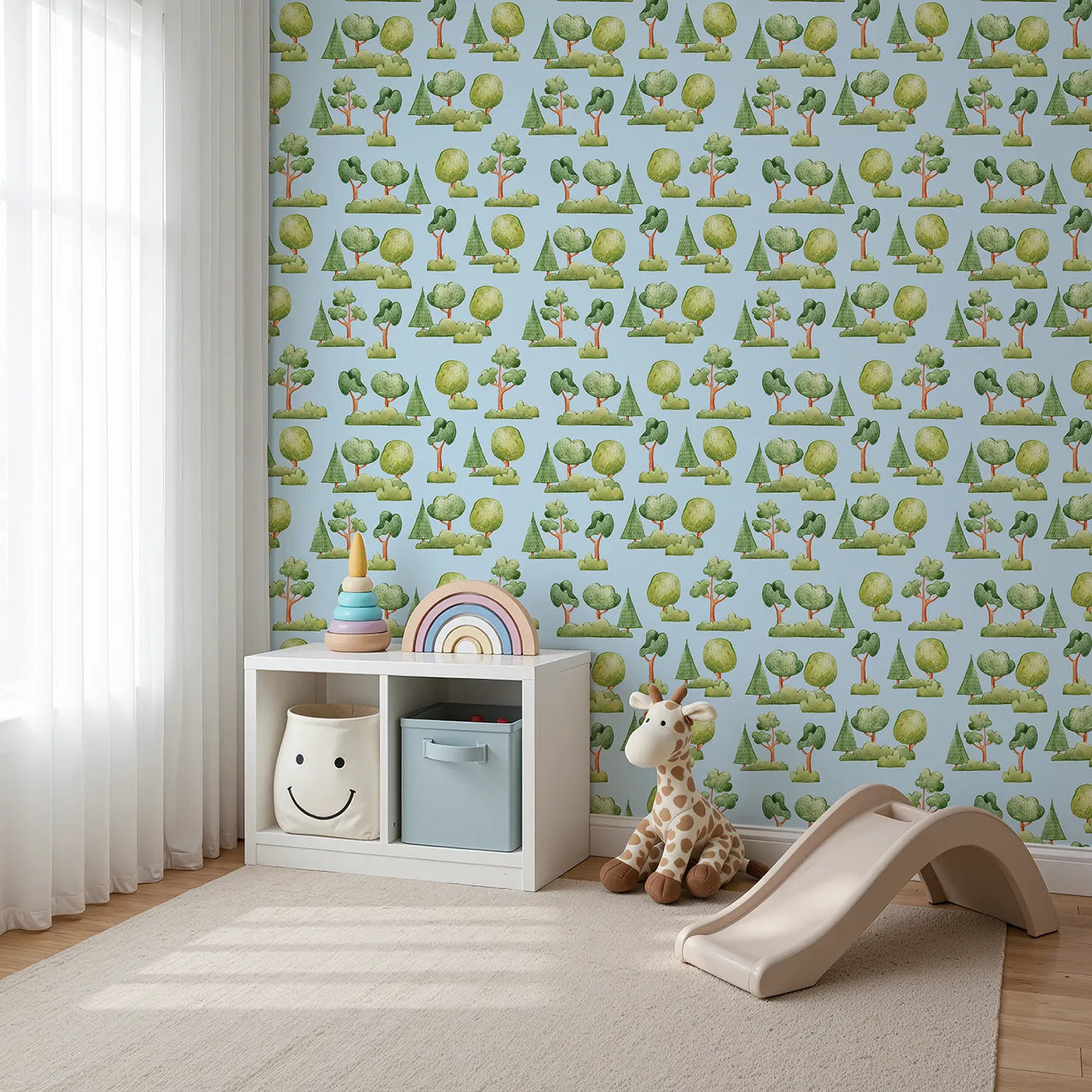 Angled view of Whimsy Tots' Forest Meadow Grove Wallpaper in Blue (W3287E).Cheerful trees and bushes bloom across a soft blue sky.