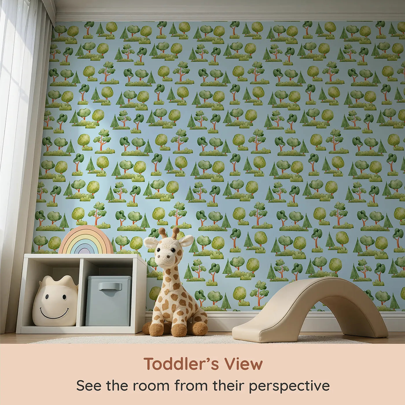 Whimsy Tots Forest Meadow Grove Wallpaper in Blue (W3287E) from your child's view.Cheerful trees and bushes bloom across a soft blue sky.