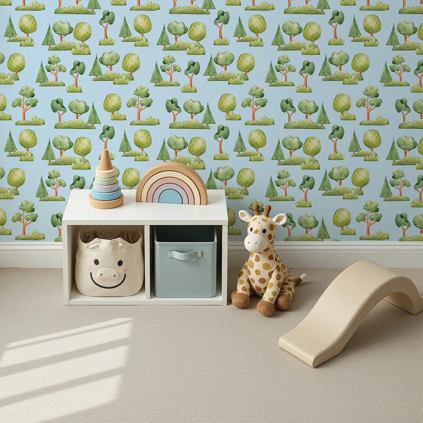 Top-Down view of Whimsy Tots' Forest Meadow Grove Wallpaper in Blue (W3287E).Cheerful trees and bushes bloom across a soft blue sky.