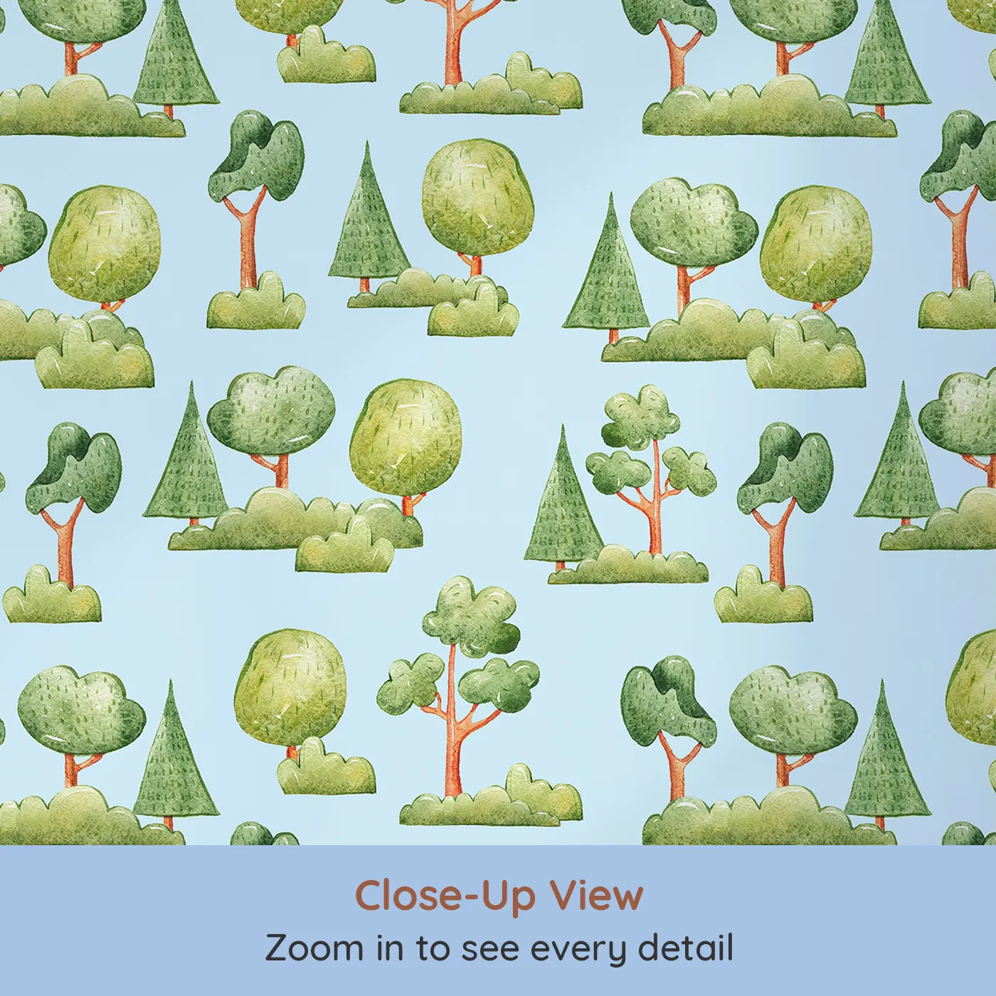 Close-up view of Whimsy Tots' Forest Meadow Grove Wallpaper in Blue (W3287E).Cheerful trees and bushes bloom across a soft blue sky.