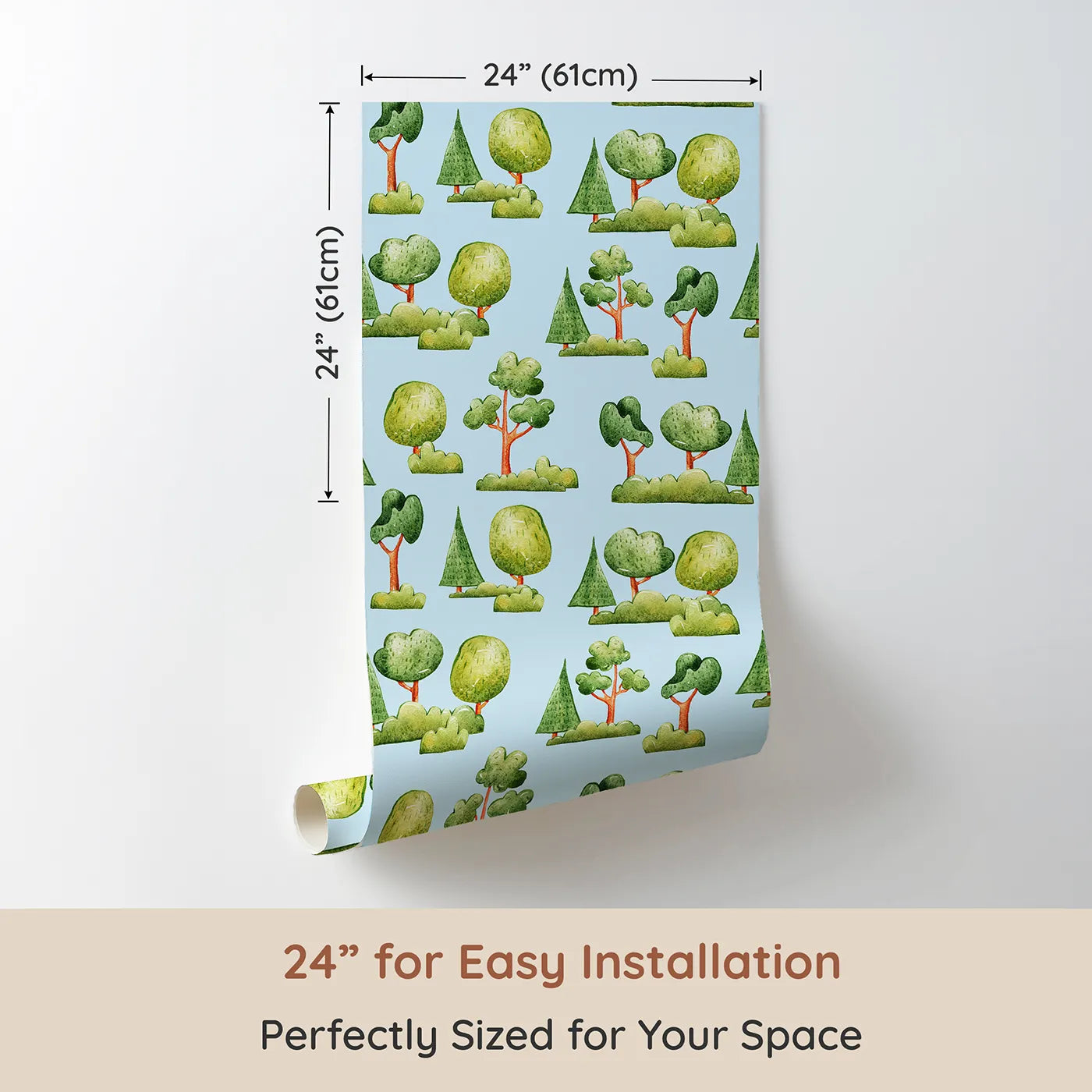 Dimension view of Whimsy Tots Forest Meadow Grove Wallpaper in Blue (W3287E). Printed in 24-inch-wide panel for easy installation. Cheerful trees and bushes bloom across a soft blue sky.