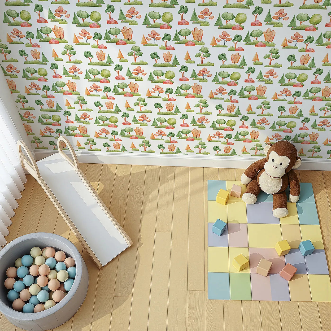 Top-Down view of Whimsy Tots' Autumn Meadow Grove Wallpaper in White (W3288A).Warm orange trees and red bushes pop in a cheerful fall woodland.