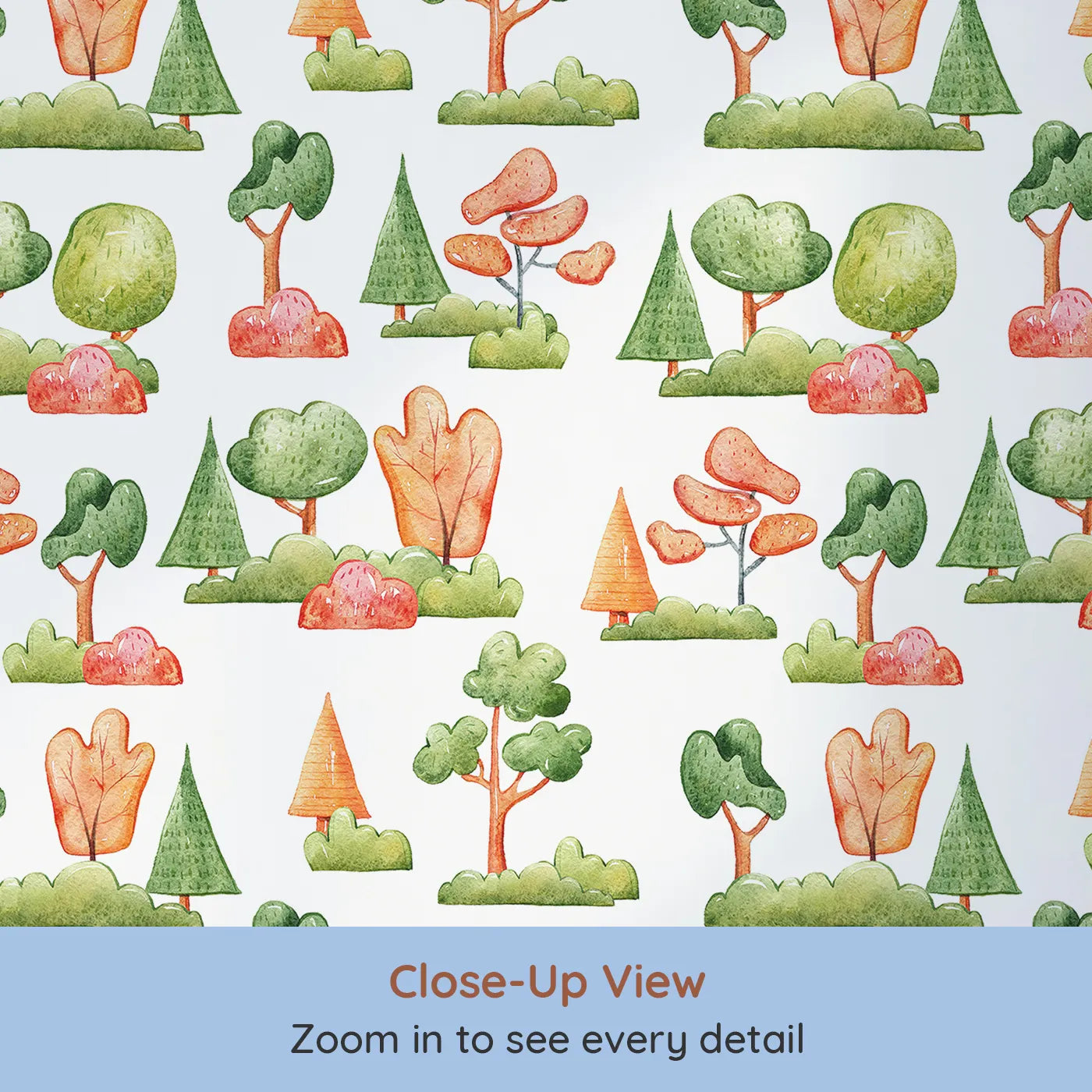 Close-up view of Whimsy Tots' Autumn Meadow Grove Wallpaper in White (W3288A).Warm orange trees and red bushes pop in a cheerful fall woodland.