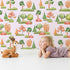 Lovely child standing in front of Whimsy Tots Autumn Meadow Grove Wallpaper in Pink with tree, bush in design. Lovely child standing in front of Whimsy Tots Autumn Meadow Grove Wallpaper in Pink with tree, bush in design.