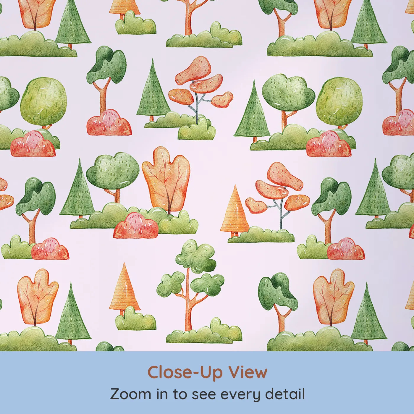 Close-up view of Whimsy Tots' Autumn Meadow Grove Wallpaper in Pink (W3288B).Warm autumn trees dance across a cheerful pink sky.