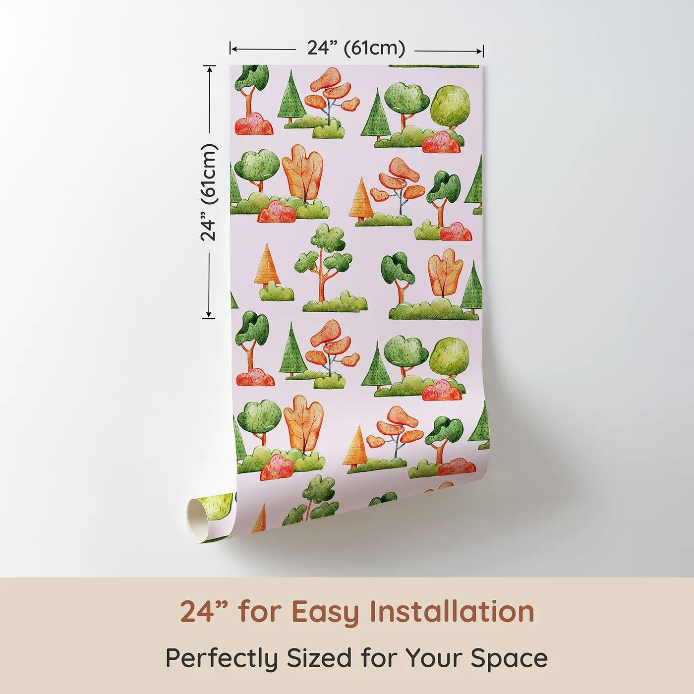 Dimension view of Whimsy Tots Autumn Meadow Grove Wallpaper in Pink (W3288B). Printed in 24-inch-wide panel for easy installation. Warm autumn trees dance across a cheerful pink sky.