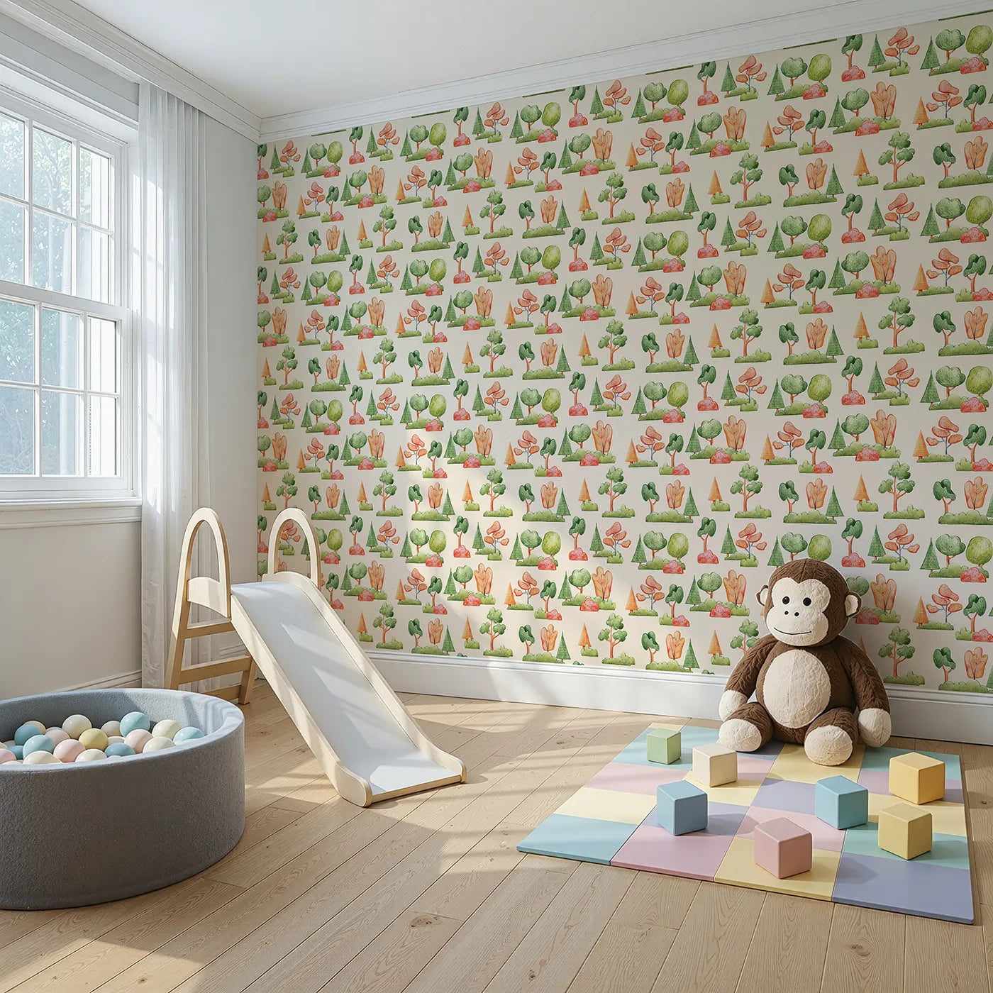 Angled view of Whimsy Tots' Autumn Meadow Grove Wallpaper in Cream (W3288C).Rustling leaves and warm-toned trees fill this peaceful fall woodland.