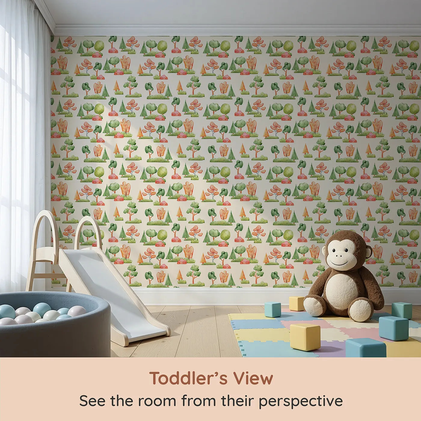 Whimsy Tots Autumn Meadow Grove Wallpaper in Cream (W3288C) from your child's view.Rustling leaves and warm-toned trees fill this peaceful fall woodland.