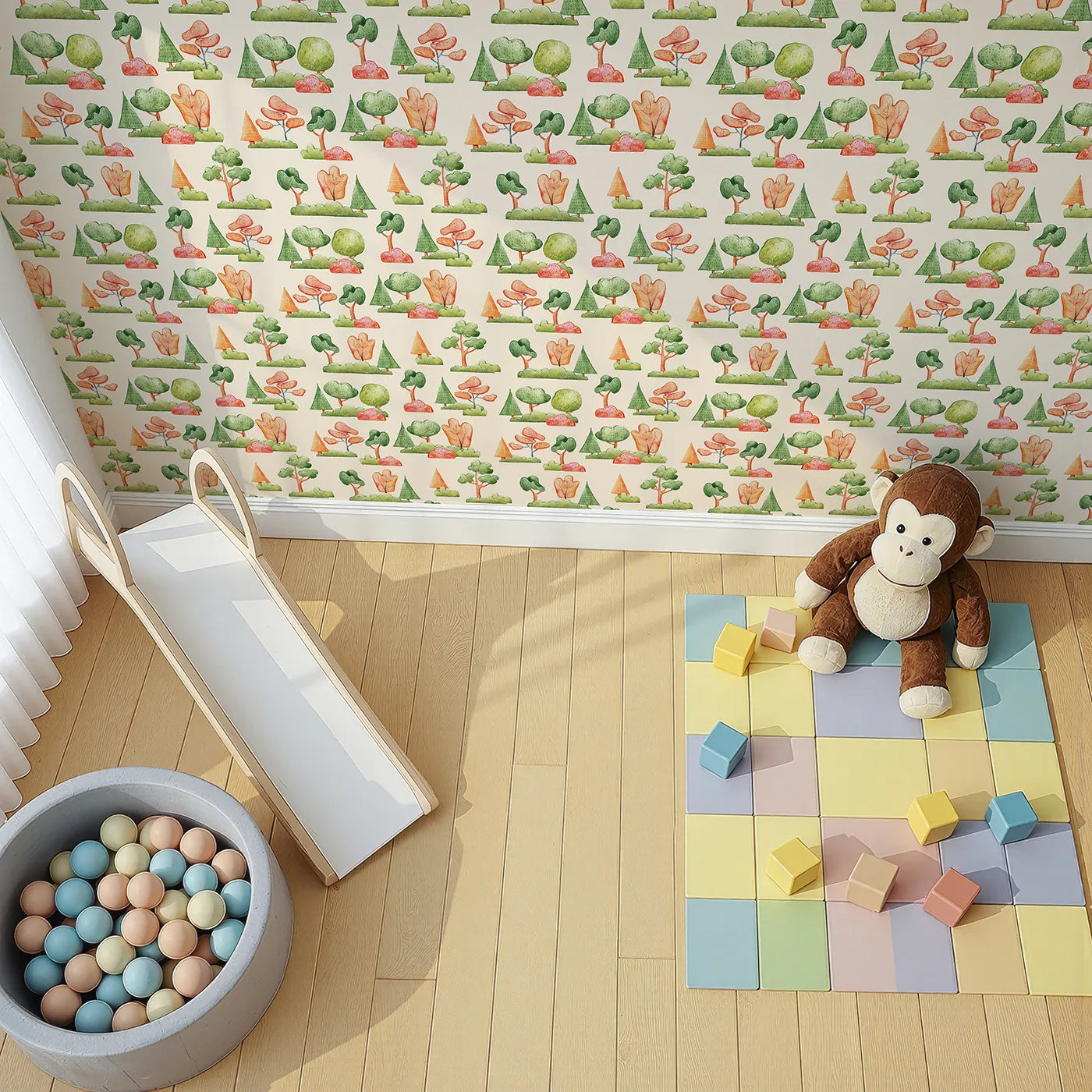 Top-Down view of Whimsy Tots' Autumn Meadow Grove Wallpaper in Cream (W3288C).Rustling leaves and warm-toned trees fill this peaceful fall woodland.