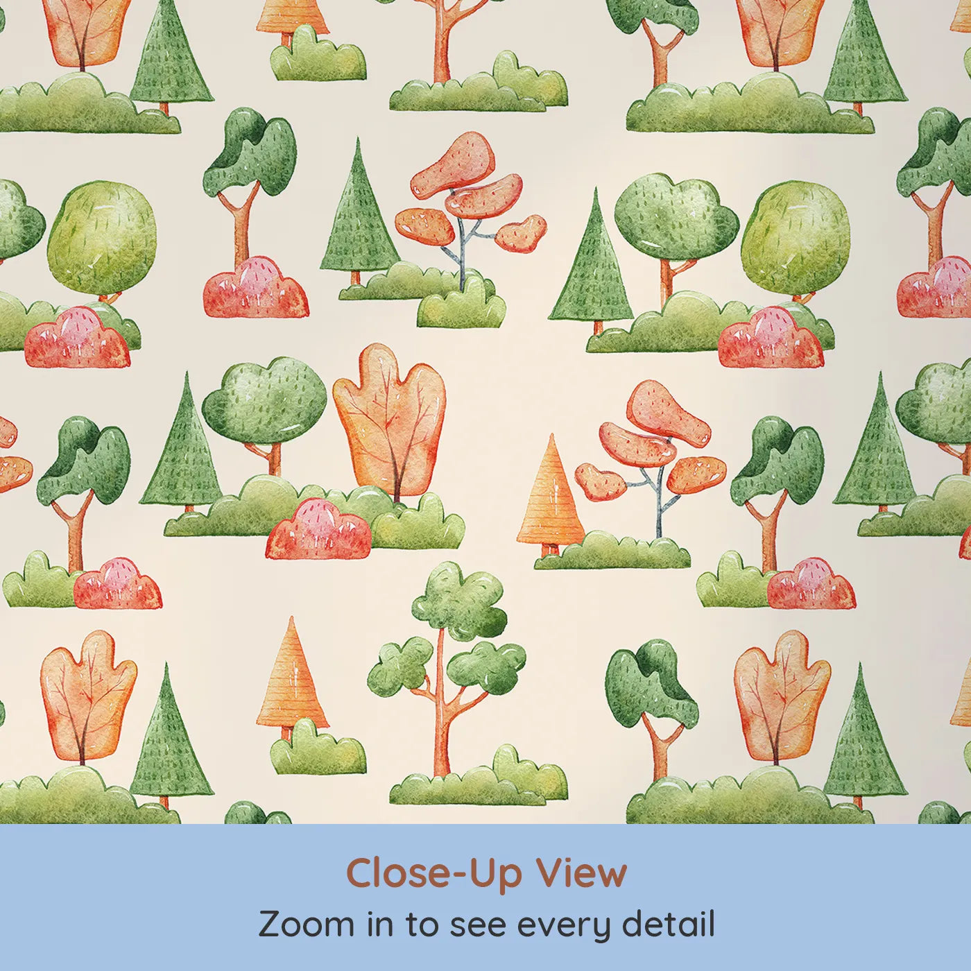 Close-up view of Whimsy Tots' Autumn Meadow Grove Wallpaper in Cream (W3288C).Rustling leaves and warm-toned trees fill this peaceful fall woodland.