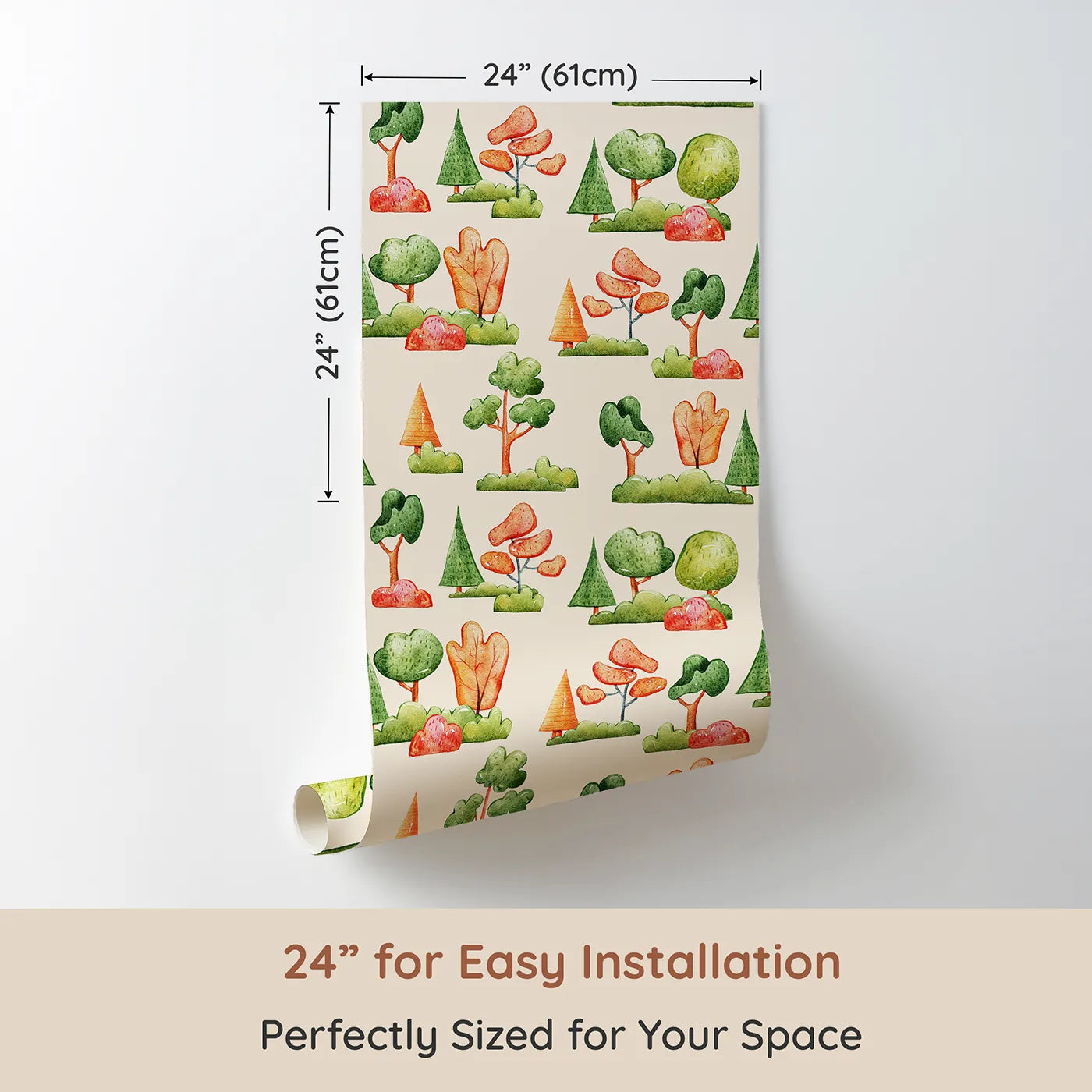 Dimension view of Whimsy Tots Autumn Meadow Grove Wallpaper in Cream (W3288C). Printed in 24-inch-wide panel for easy installation. Rustling leaves and warm-toned trees fill this peaceful fall woodland.