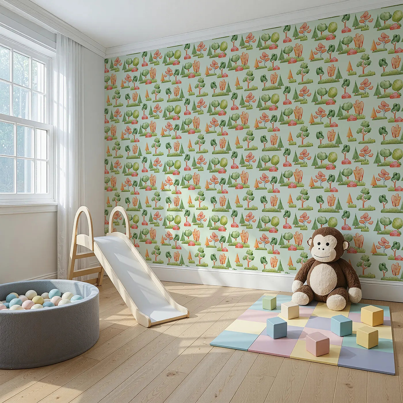 Angled view of Whimsy Tots' Autumn Meadow Grove Wallpaper in Mint Green (W3288D).Fall trees and leafy bushes glow softly on a mint green sky.