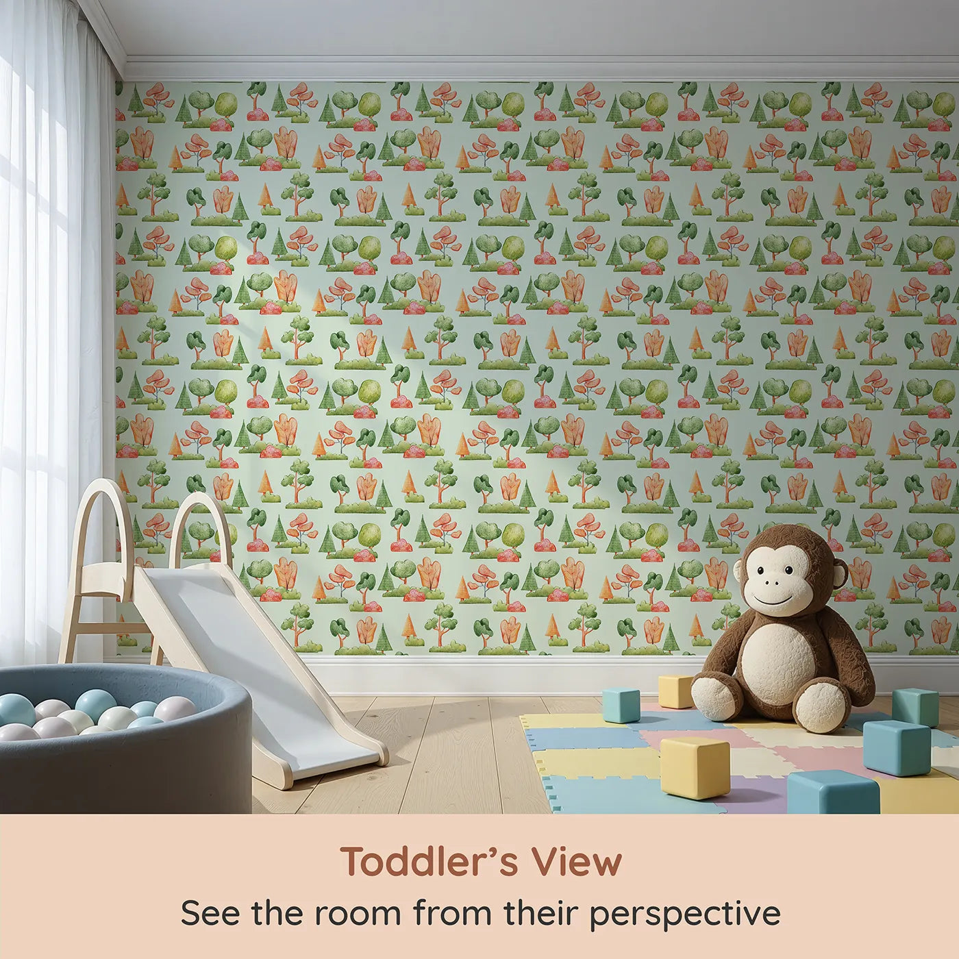 Whimsy Tots Autumn Meadow Grove Wallpaper in Mint Green (W3288D) from your child's view.Fall trees and leafy bushes glow softly on a mint green sky.