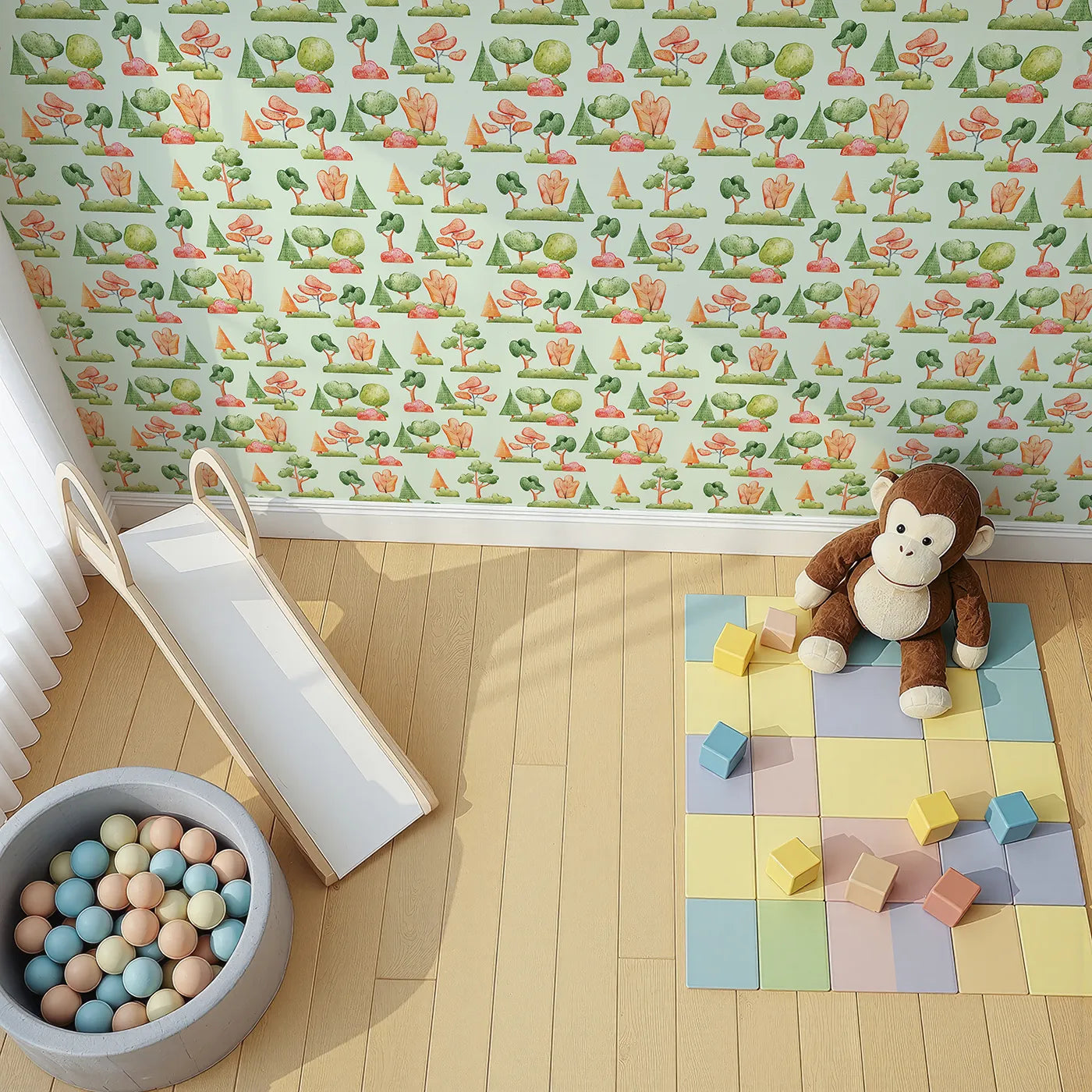 Top-Down view of Whimsy Tots' Autumn Meadow Grove Wallpaper in Mint Green (W3288D).Fall trees and leafy bushes glow softly on a mint green sky.