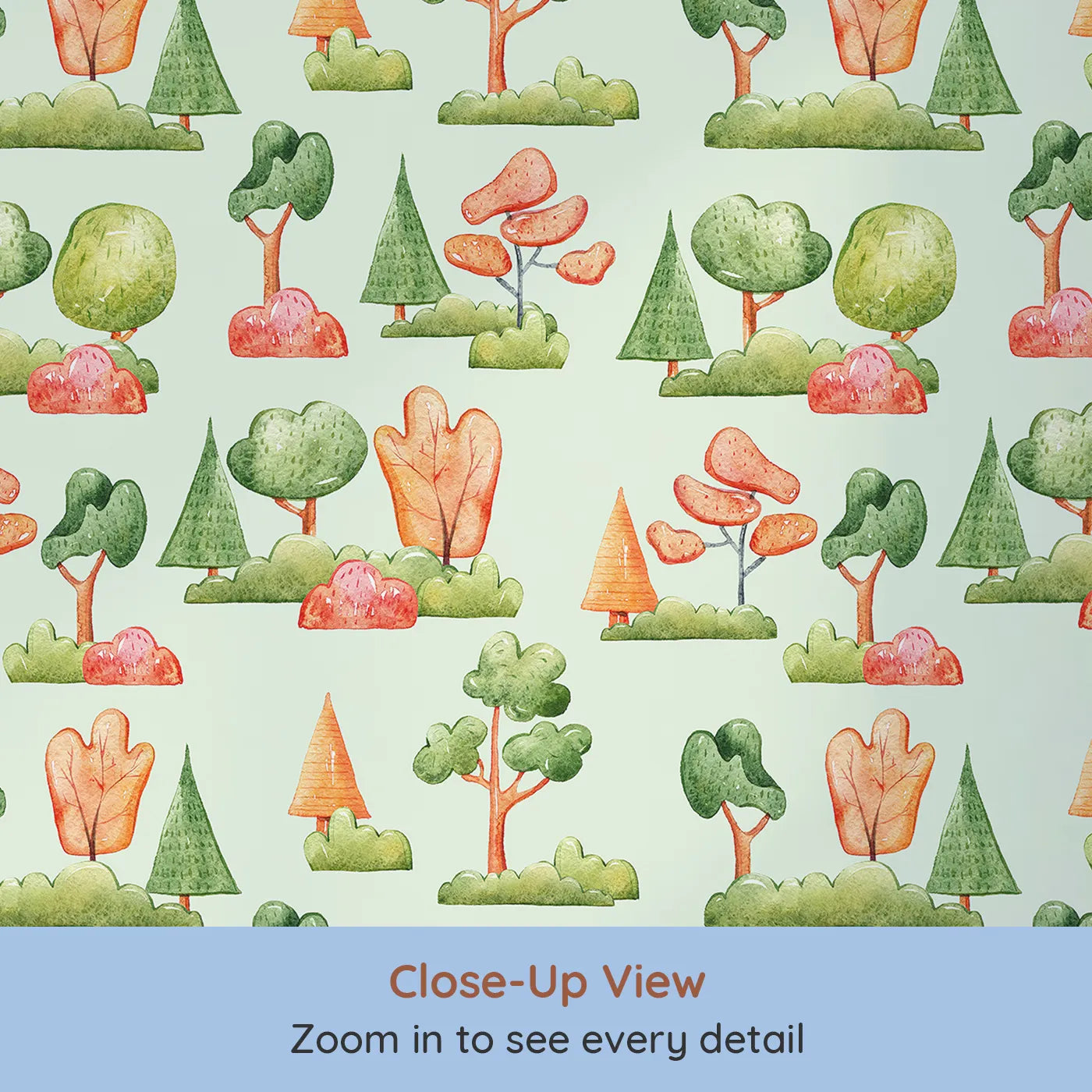 Close-up view of Whimsy Tots' Autumn Meadow Grove Wallpaper in Mint Green (W3288D).Fall trees and leafy bushes glow softly on a mint green sky.