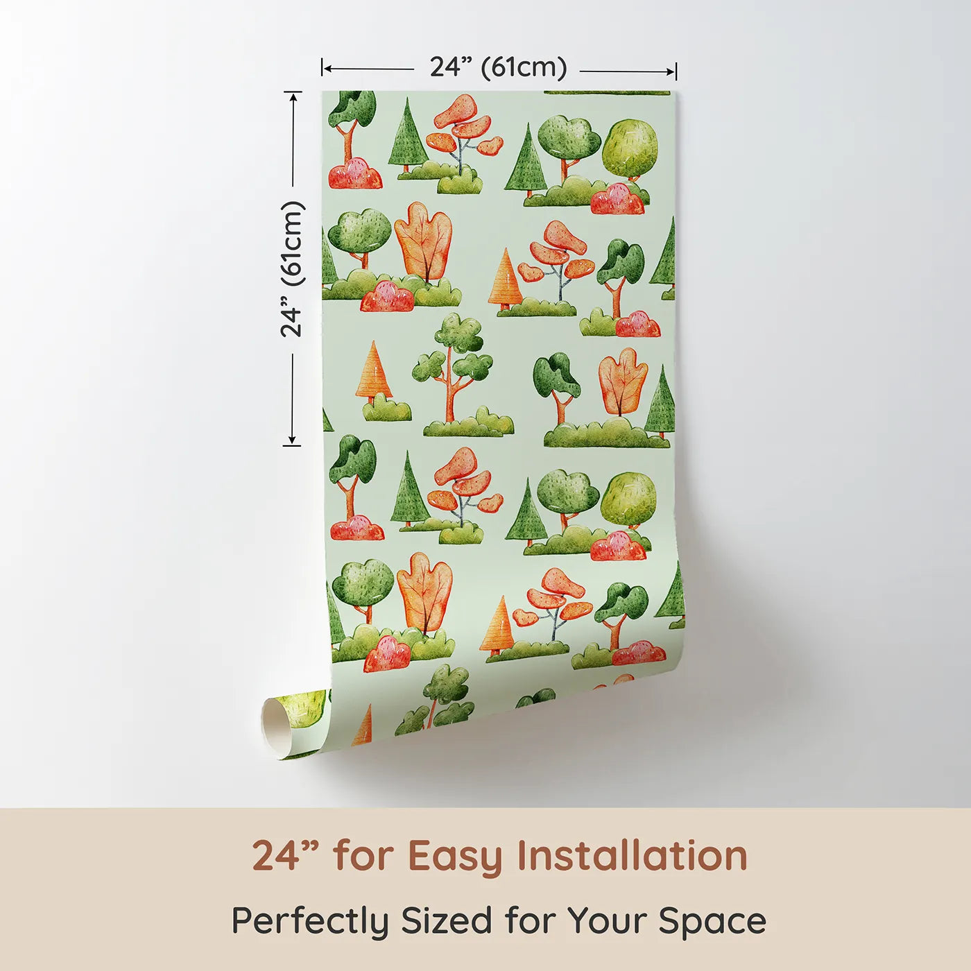 Dimension view of Whimsy Tots Autumn Meadow Grove Wallpaper in Mint Green (W3288D). Printed in 24-inch-wide panel for easy installation. Fall trees and leafy bushes glow softly on a mint green sky.