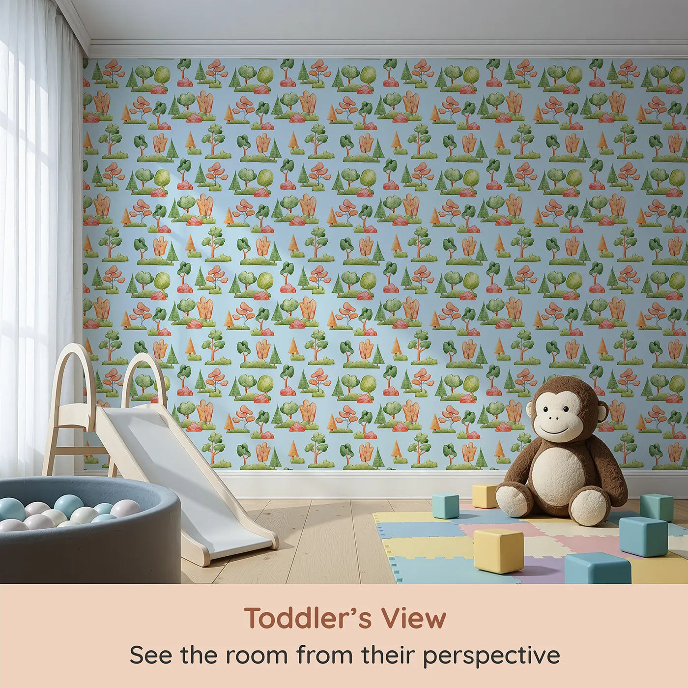 Whimsy Tots Autumn Meadow Grove Wallpaper in Blue (W3288E) from your child's view.Cheerful fall trees pop against a breezy sky-blue backdrop.