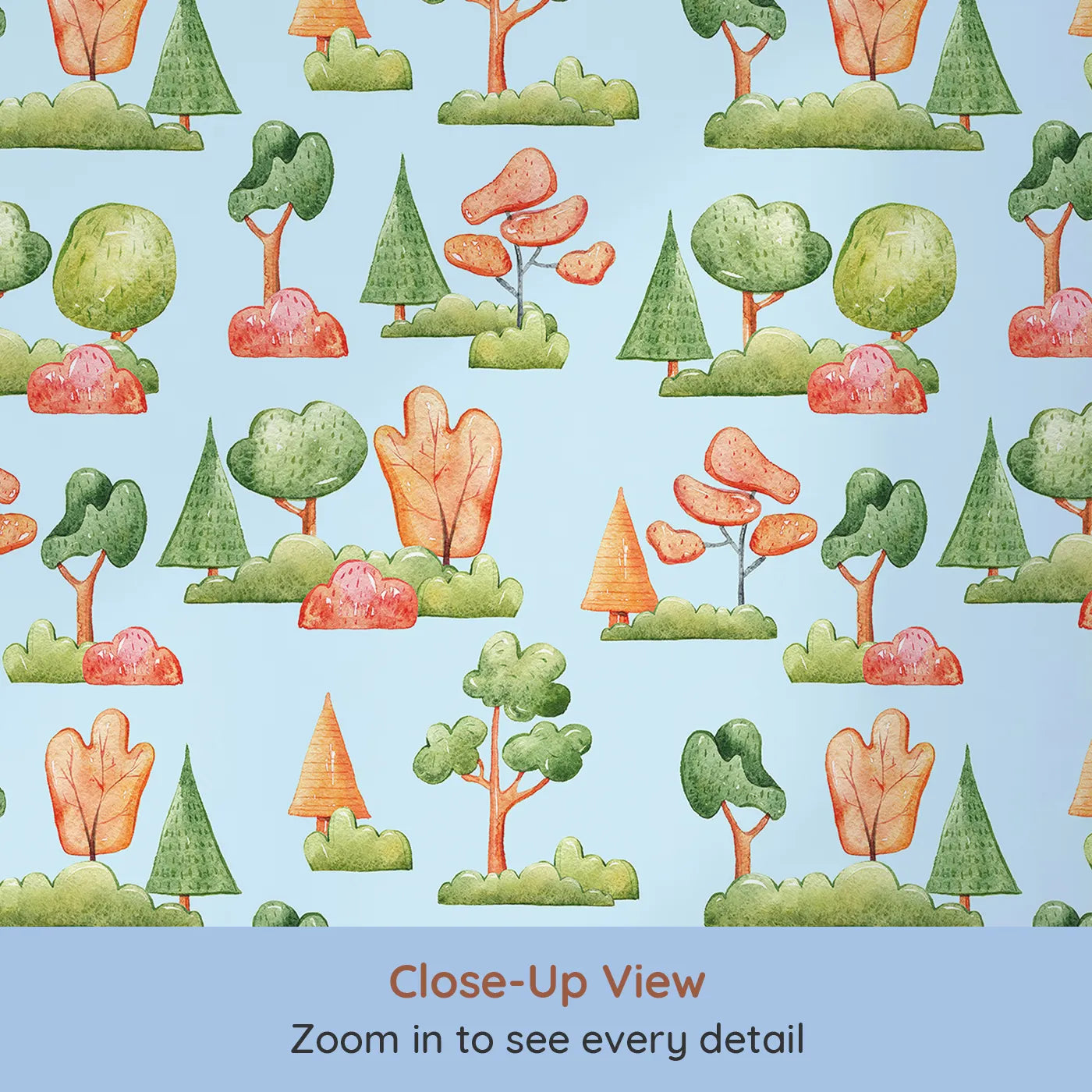 Close-up view of Whimsy Tots' Autumn Meadow Grove Wallpaper in Blue (W3288E).Cheerful fall trees pop against a breezy sky-blue backdrop.