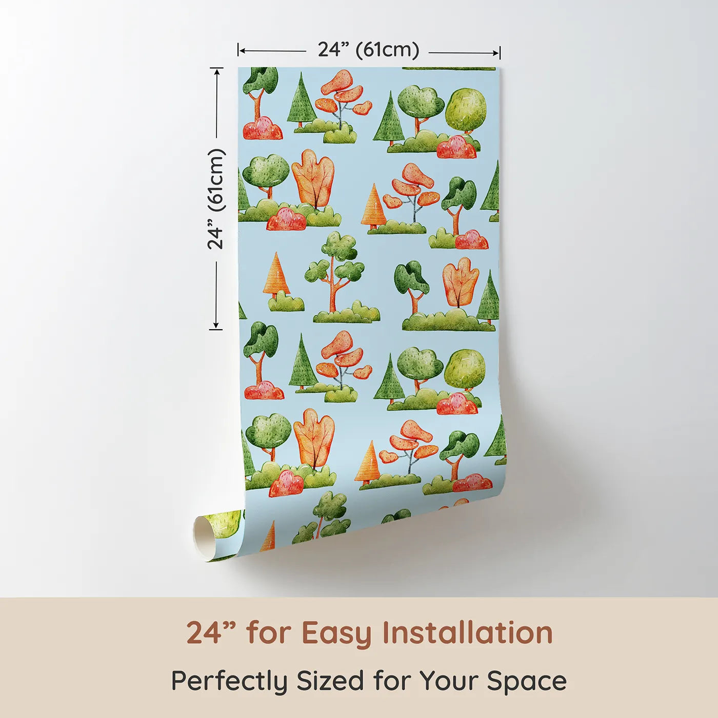 Dimension view of Whimsy Tots Autumn Meadow Grove Wallpaper in Blue (W3288E). Printed in 24-inch-wide panel for easy installation. Cheerful fall trees pop against a breezy sky-blue backdrop.