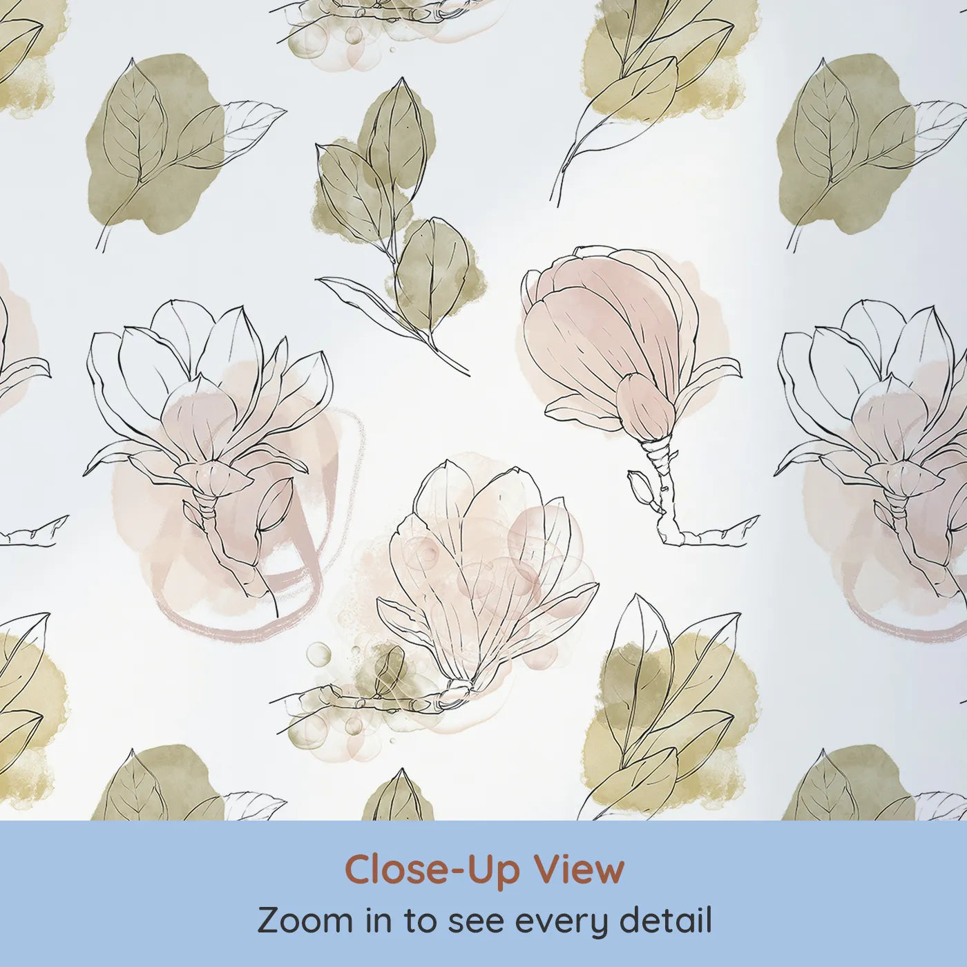 Close-up view of Whimsy Tots' Blushing Magnolia Whisper Wallpaper (W3289).Gentle magnolias and leaves bloom in blush and olive tones.