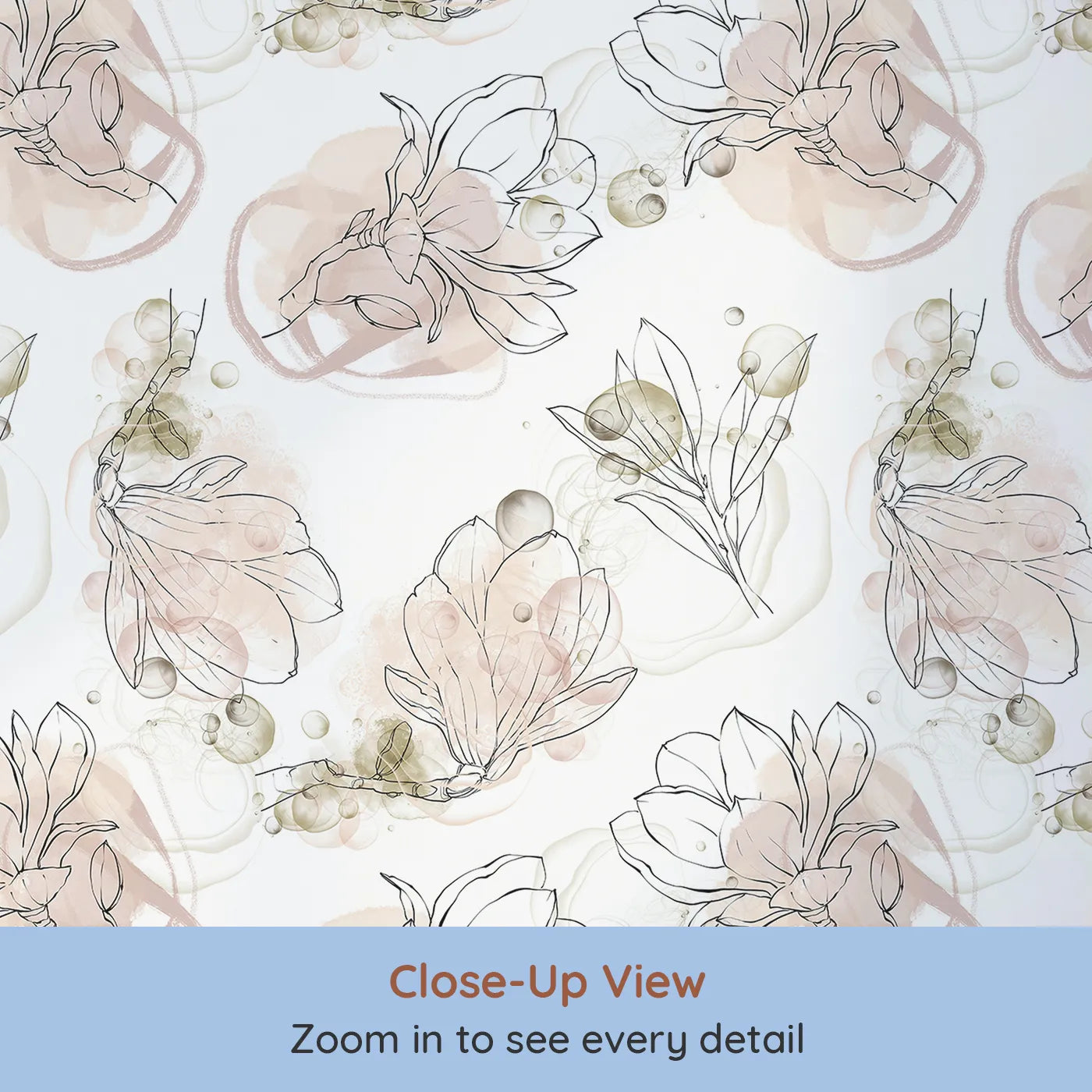 Close-up view of Whimsy Tots' Blushing Magnolia Whirl Wallpaper (W3290).Floating petals and gentle bubbles create a playful floral swirl.