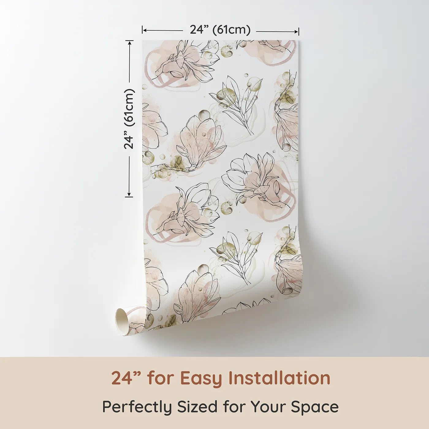 Dimension view of Whimsy Tots Blushing Magnolia Whirl Wallpaper (W3290). Printed in 24-inch-wide panel for easy installation. Floating petals and gentle bubbles create a playful floral swirl.