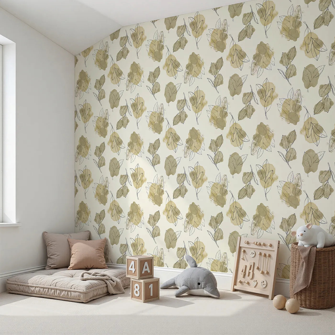 Angled view of Whimsy Tots' Whispering Leaf Sketch Wallpaper (W3291).Soft watercolor leaves whisper across a creamy canvas.