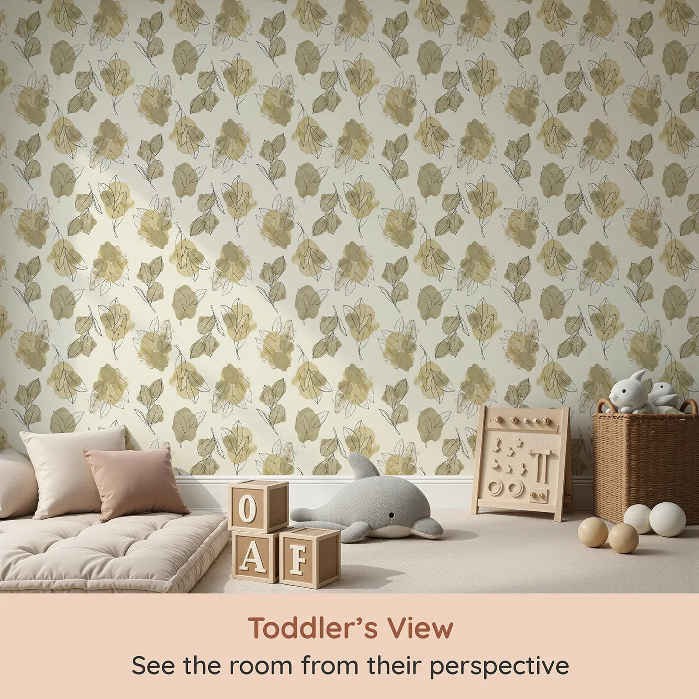 Whimsy Tots Whispering Leaf Sketch Wallpaper (W3291) from your child's view.Soft watercolor leaves whisper across a creamy canvas.