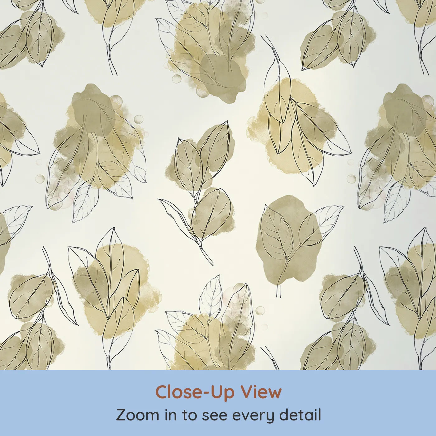 Close-up view of Whimsy Tots' Whispering Leaf Sketch Wallpaper (W3291).Soft watercolor leaves whisper across a creamy canvas.