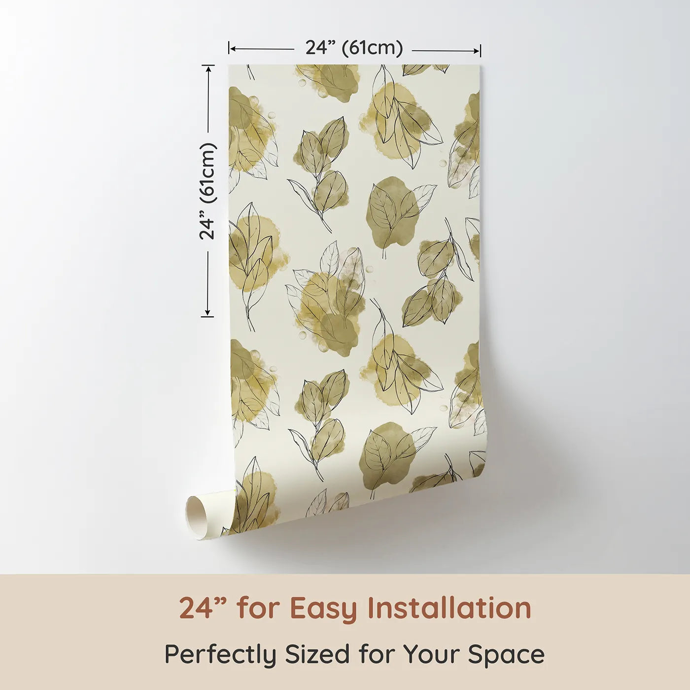 Dimension view of Whimsy Tots Whispering Leaf Sketch Wallpaper (W3291). Printed in 24-inch-wide panel for easy installation. Soft watercolor leaves whisper across a creamy canvas.