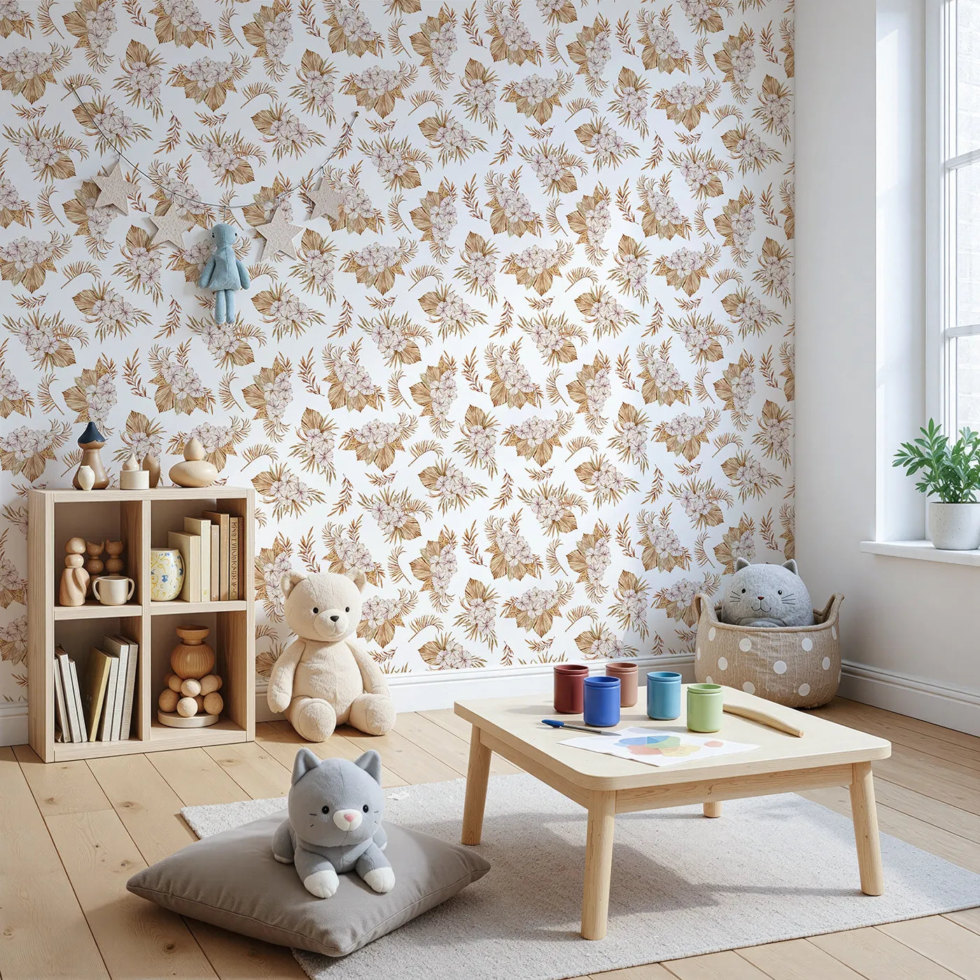 Angled view of Whimsy Tots' Dried Bloom Cascade Wallpaper in White (W3292A).Boho blossoms and dried leaves flow like gentle nature keepsakes.