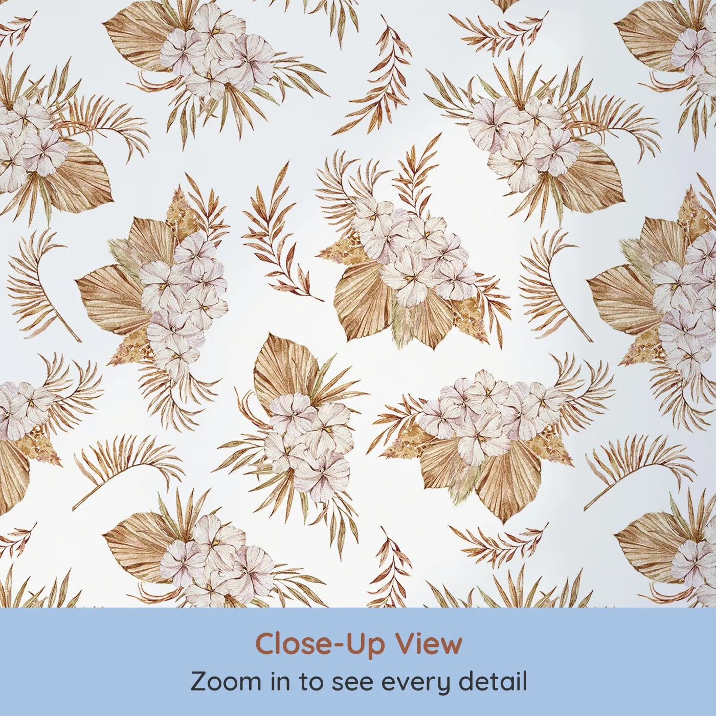 Close-up view of Whimsy Tots' Dried Bloom Cascade Wallpaper in White (W3292A).Boho blossoms and dried leaves flow like gentle nature keepsakes.
