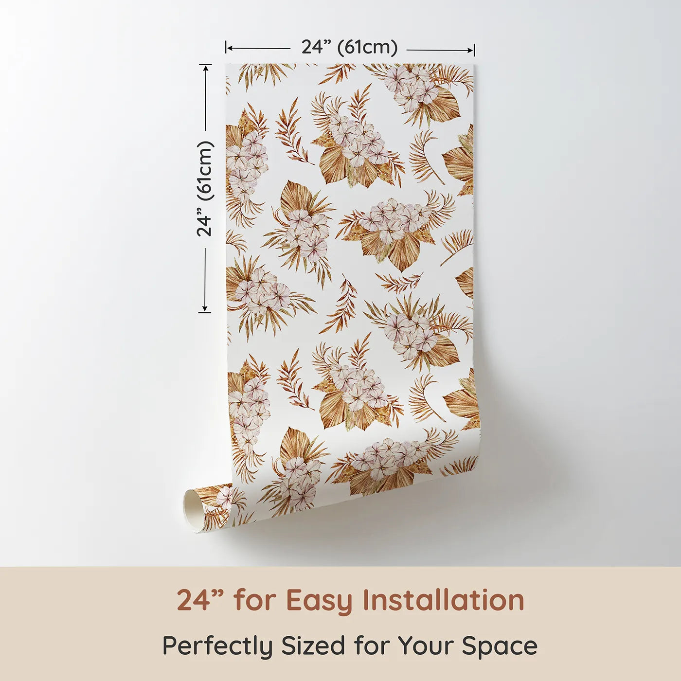 Dimension view of Whimsy Tots Dried Bloom Cascade Wallpaper in White (W3292A). Printed in 24-inch-wide panel for easy installation. Boho blossoms and dried leaves flow like gentle nature keepsakes.