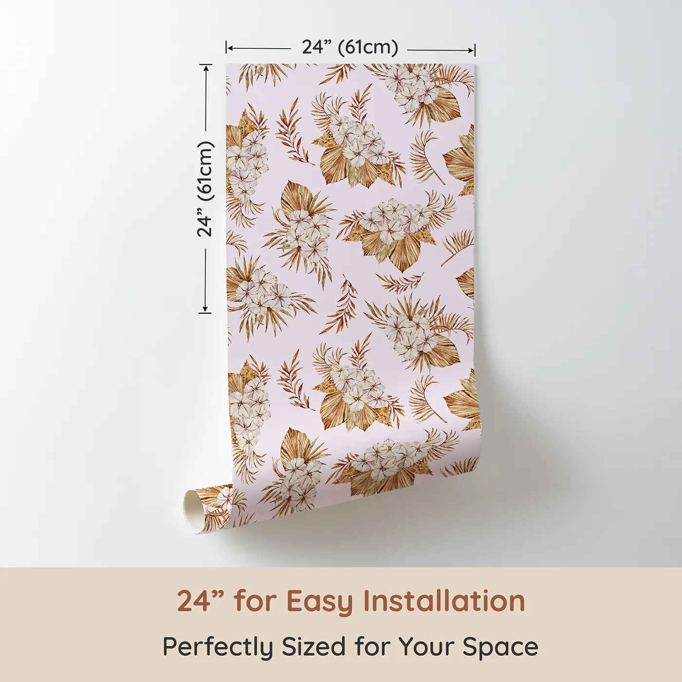 Dimension view of Whimsy Tots Dried Bloom Cascade Wallpaper in Pink (W3292B). Printed in 24-inch-wide panel for easy installation. Soft pink skies cradle clusters of blush and beige florals.