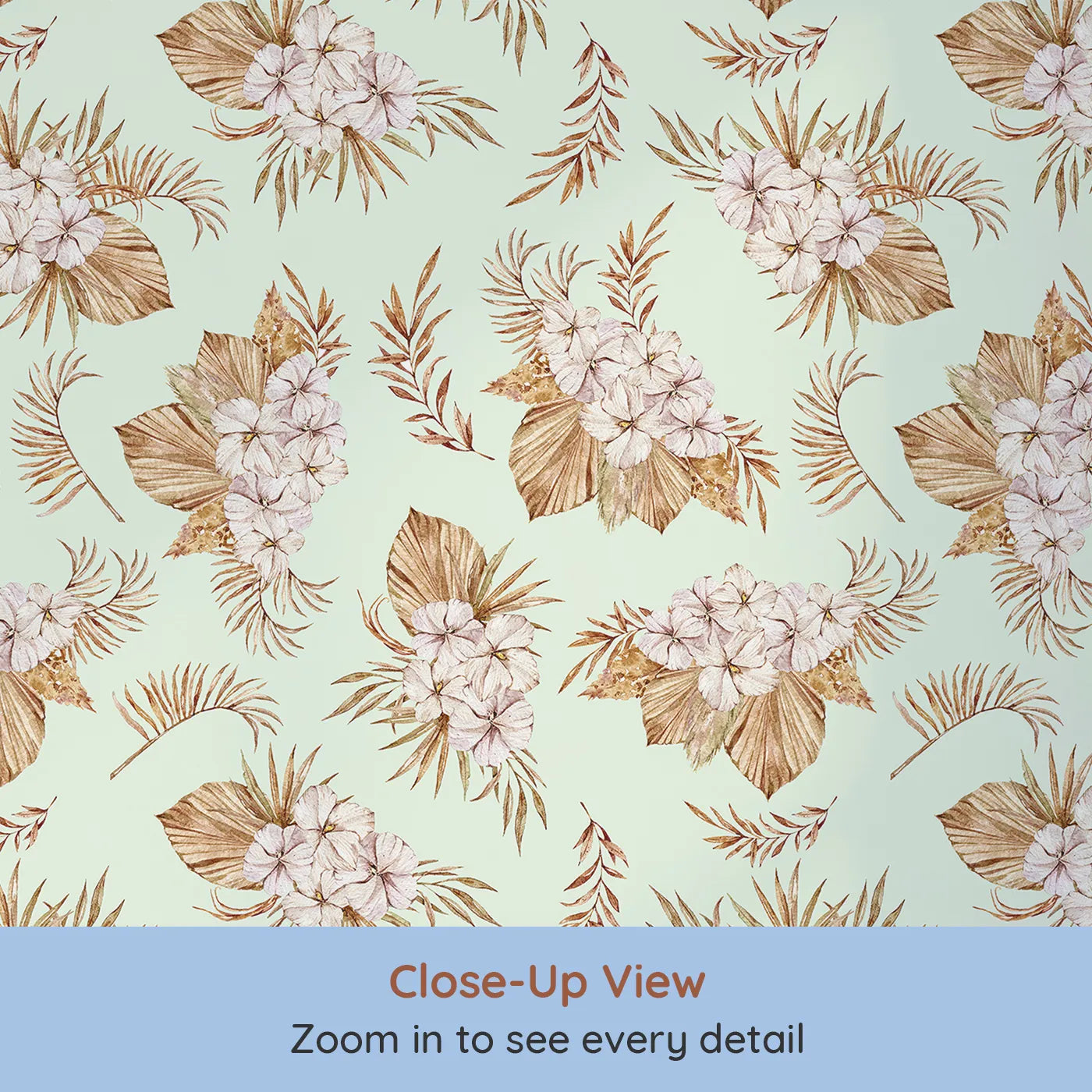 Close-up view of Whimsy Tots' Dried Bloom Cascade Wallpaper in Mint Green (W3292D).Soft green skies cradle clusters of blush and beige botanicals.